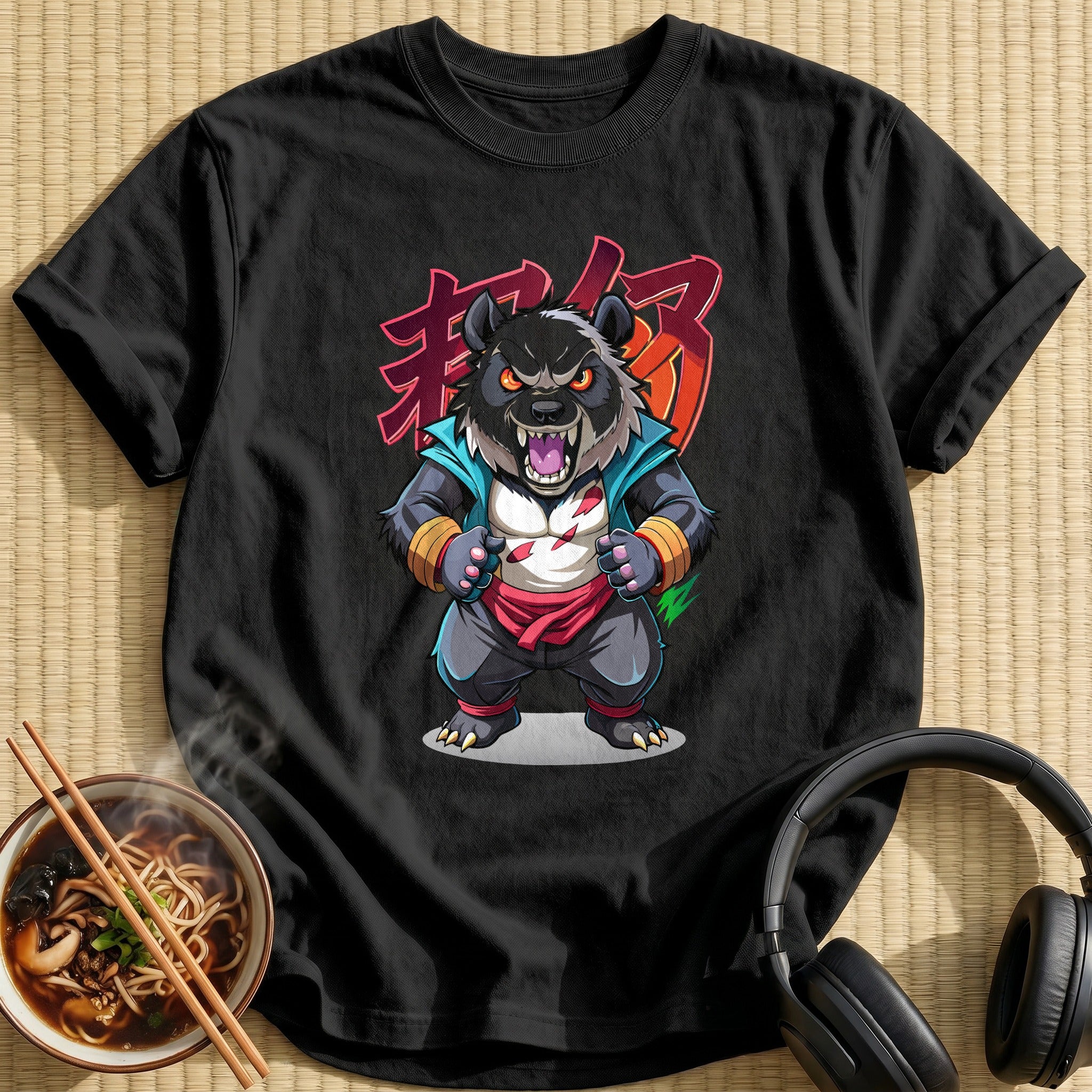 Angry Fighting Panda Warrior Cartoon - Black