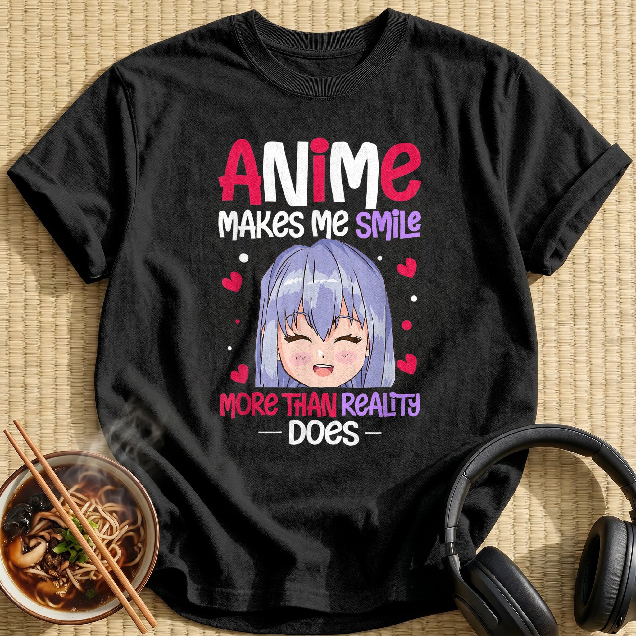 Anime Makes Me Smile Chibi Girl - Black