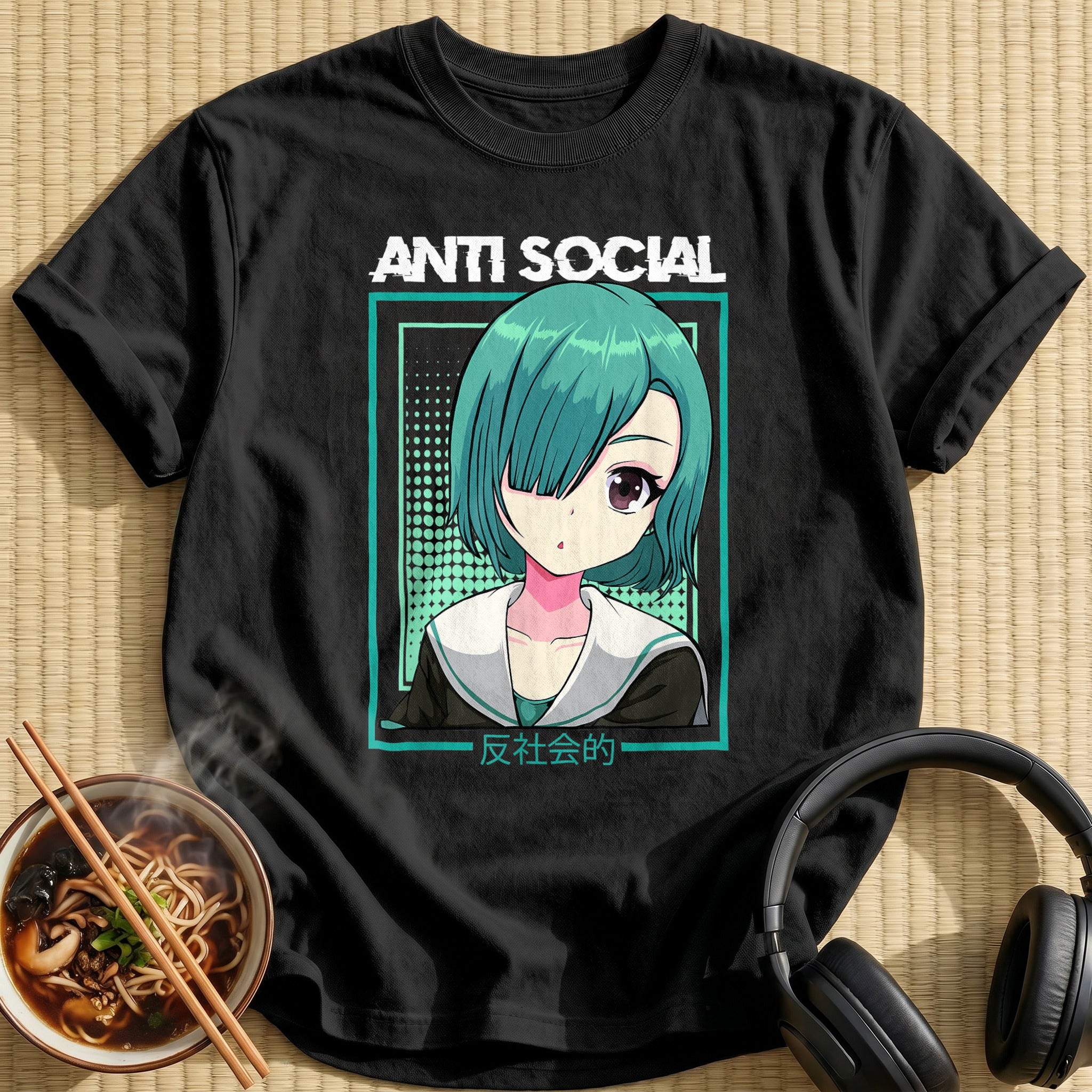 Anti Social Teal Hair Anime Girl - Black