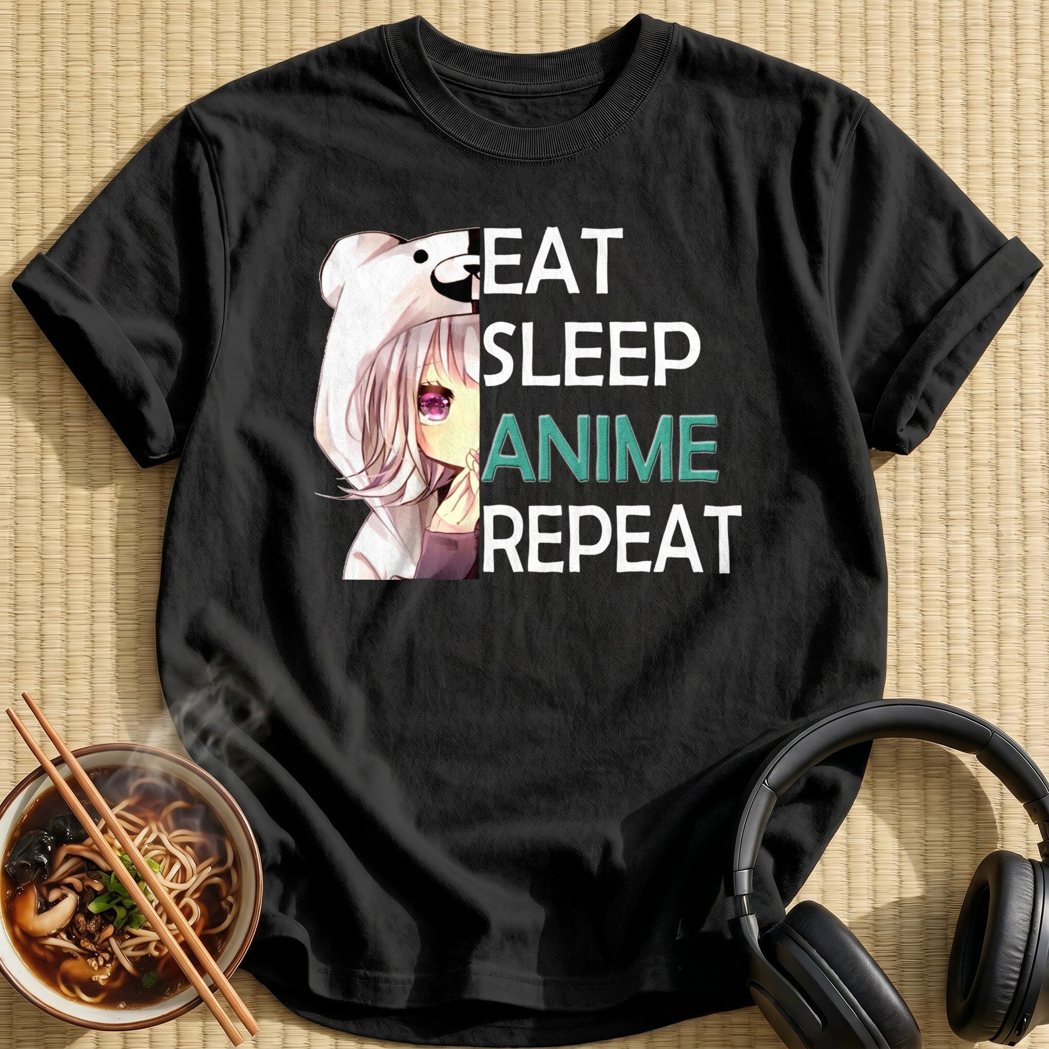 Bear Hoodie Girl Anime Text - Black