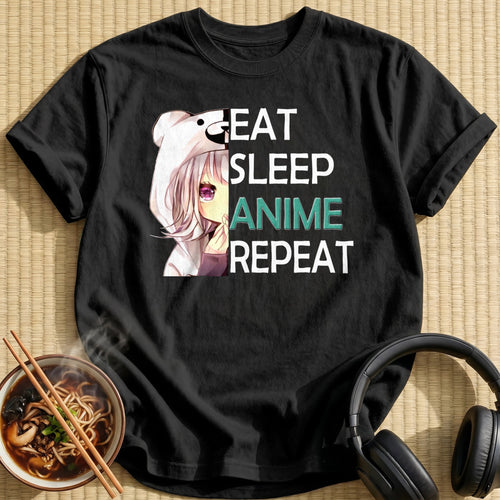 Bear Hoodie Girl Anime Text - Black