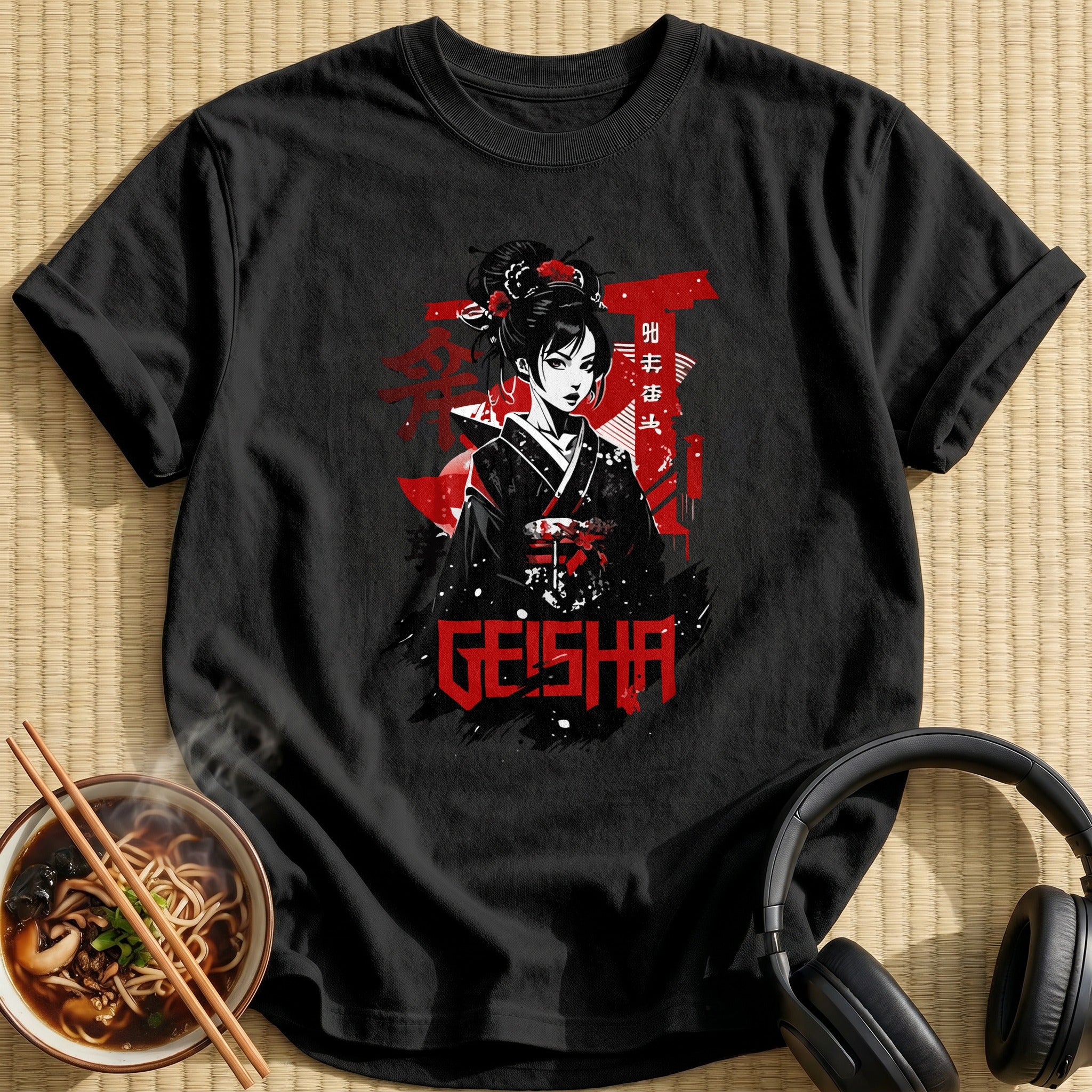 Black Red Geisha Kimono Portrait - Black