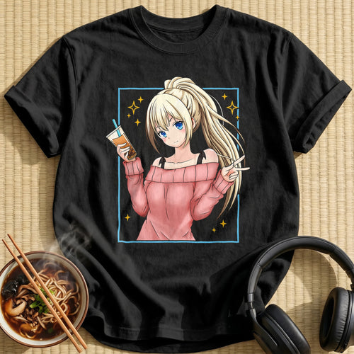 Blonde Anime Girl Bubble Tea - Black