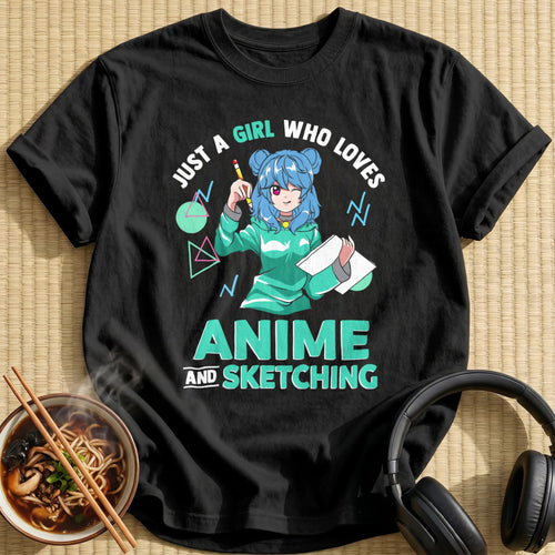 Blue Hair Sketching Girl Green Hoodie - Black