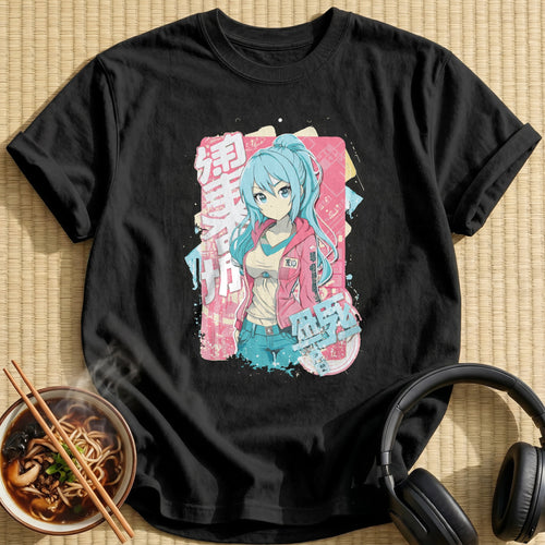 Blue Haired Girl Pink Jacket - Black