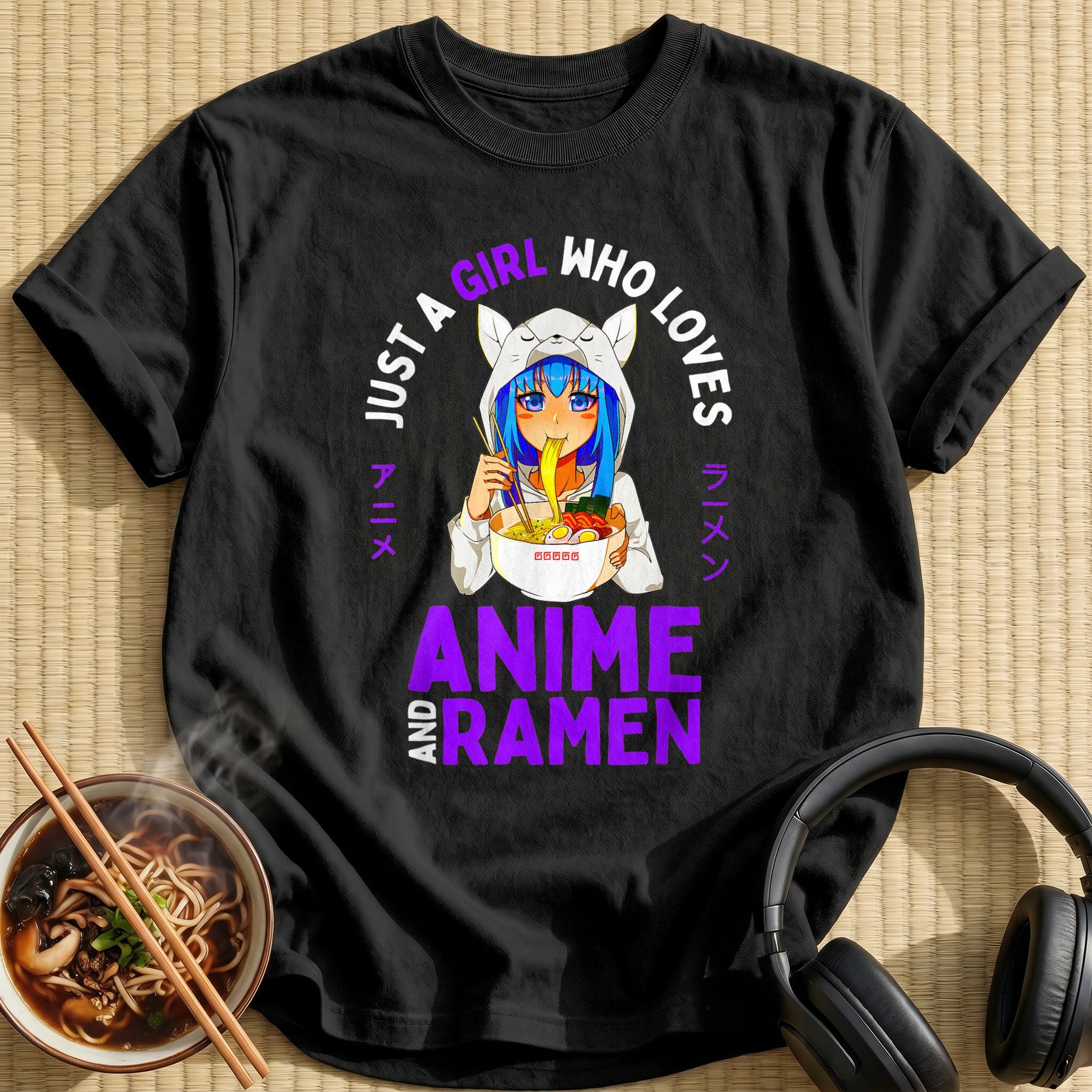 Cat Hoodie Girl Eating Ramen Noodles - Black
