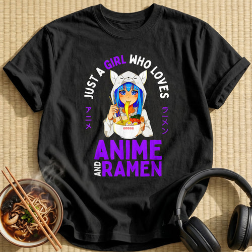 Cat Hoodie Girl Eating Ramen Noodles - Black