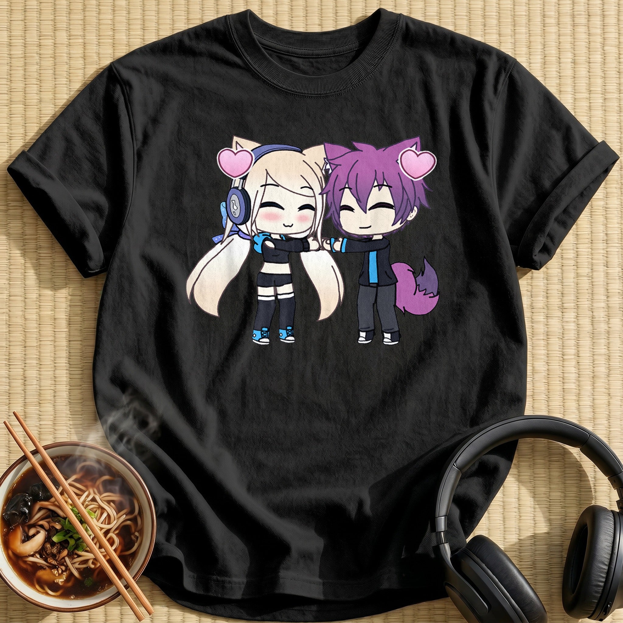 Chibi Cat Ear Couple Hearts - Black