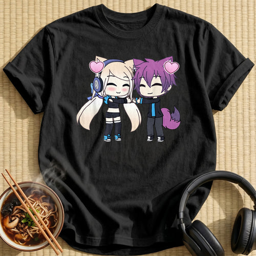 Chibi Cat Ear Couple Hearts - Black