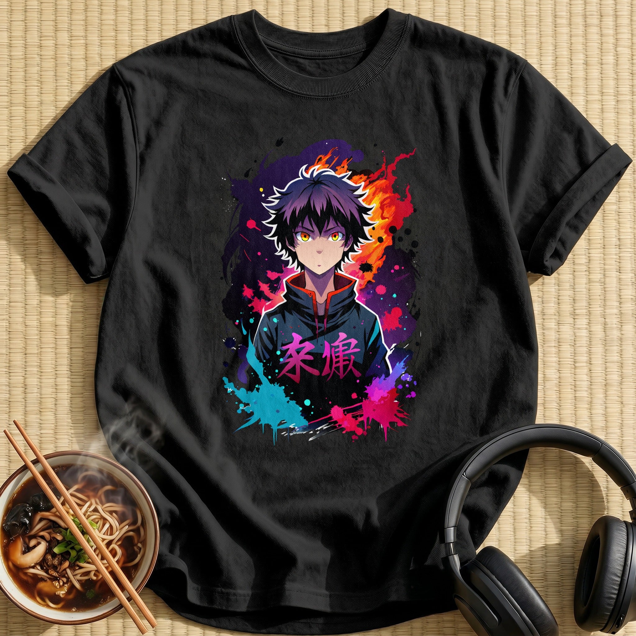 Colorful Ink Splatter Anime Boy Flames - Black