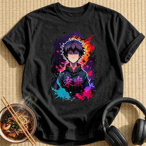Colorful Ink Splatter Anime Boy Flames - Black