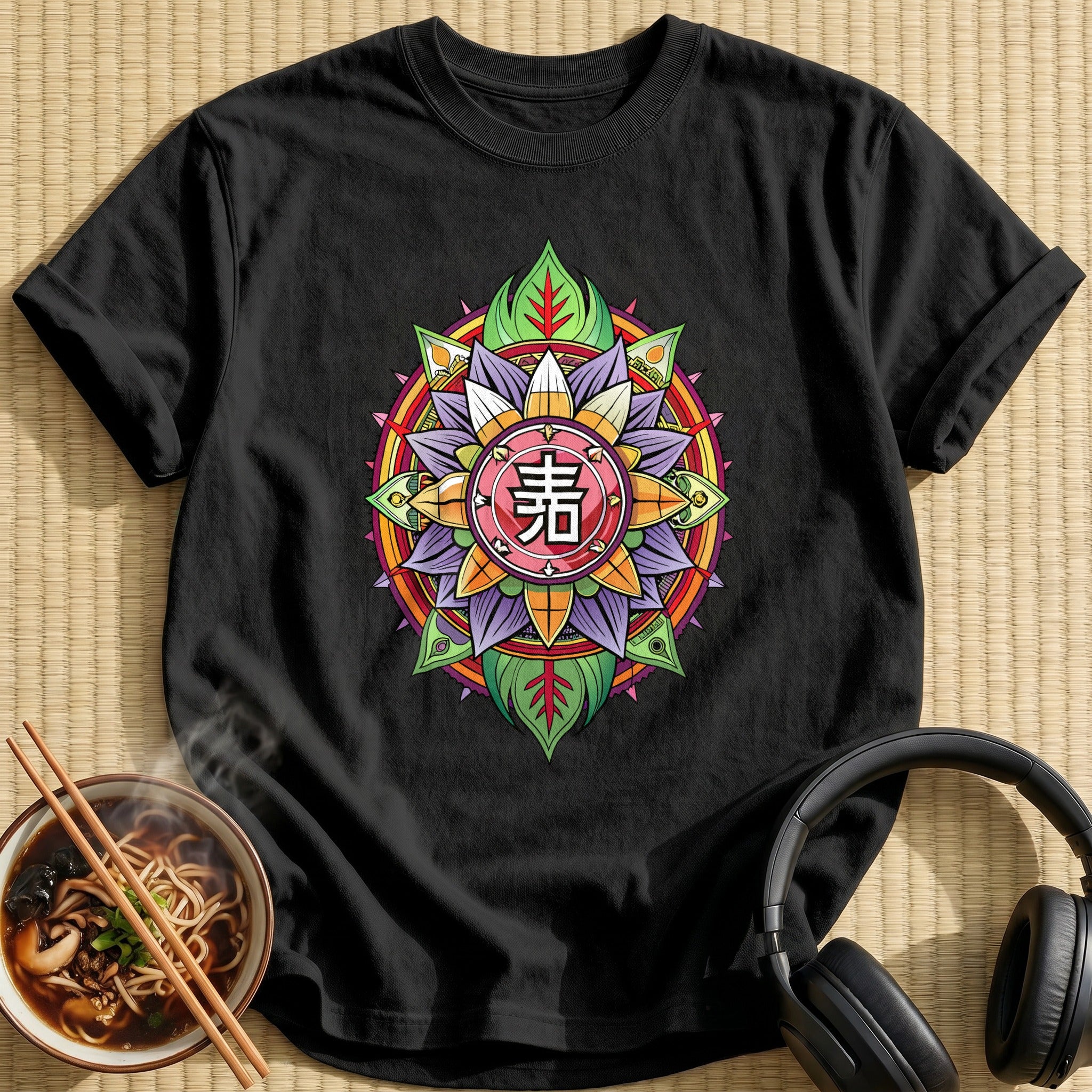 Colorful Japanese Kanji Mandala Flower - Black