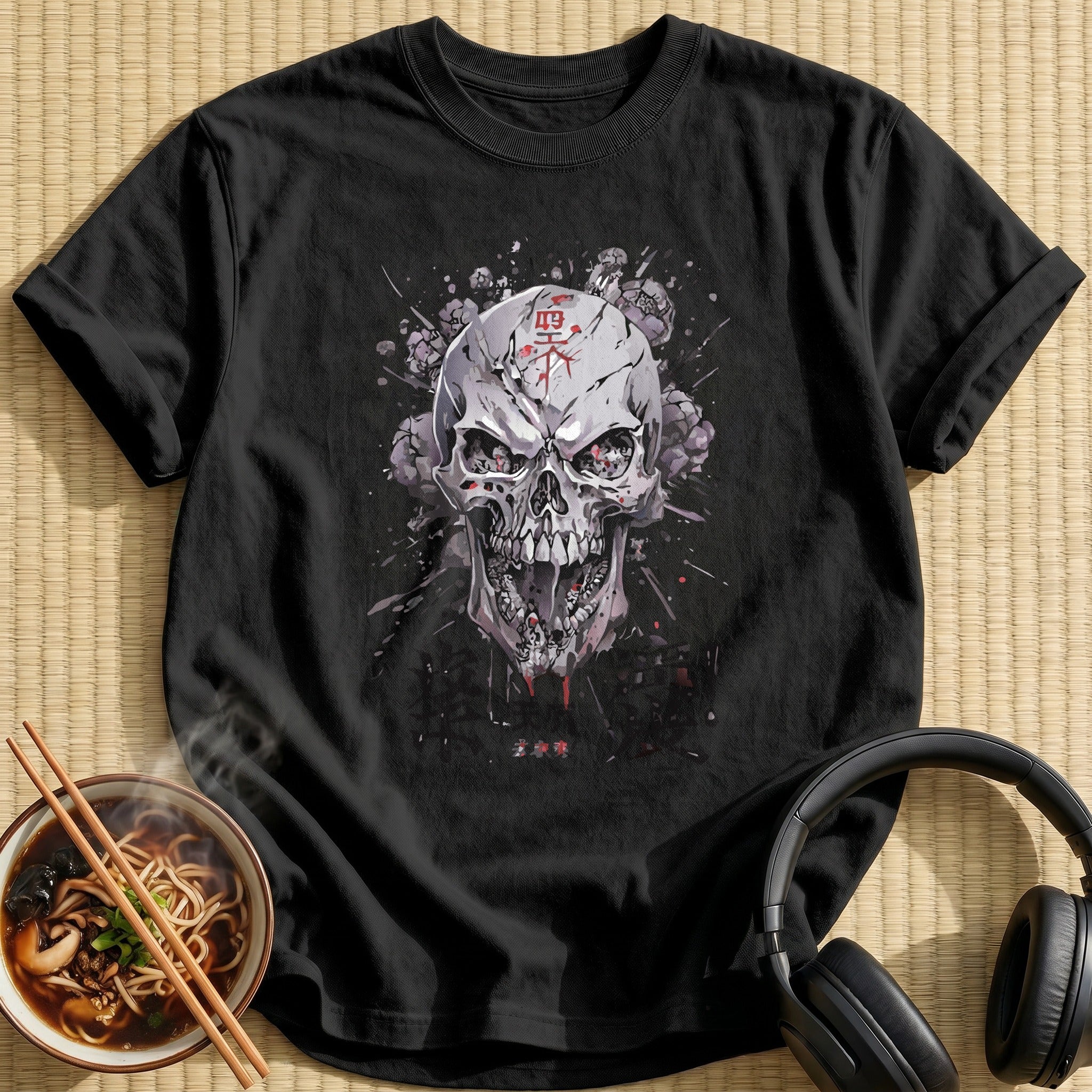 Cracked Grey Skull Blood Splatter - Black