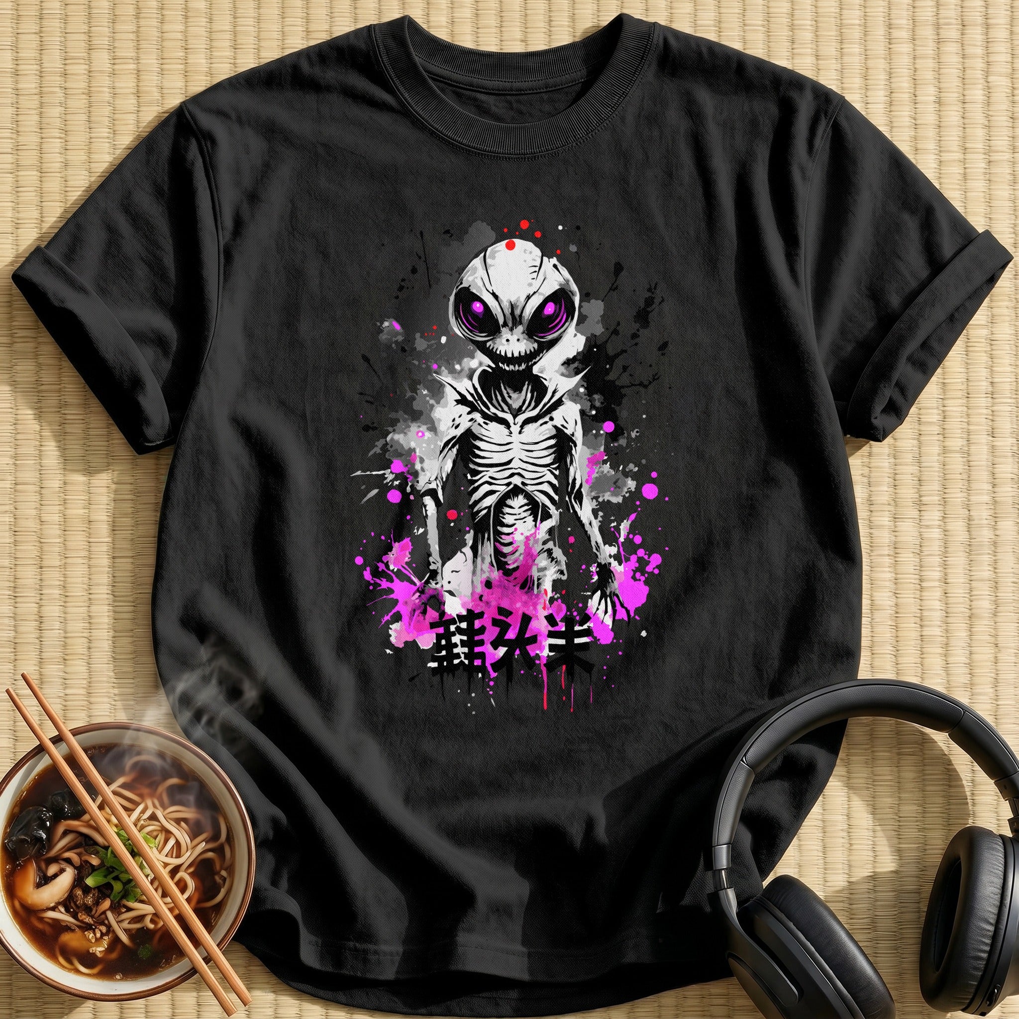 Creepy Grinning Alien Ink Splatter - Black