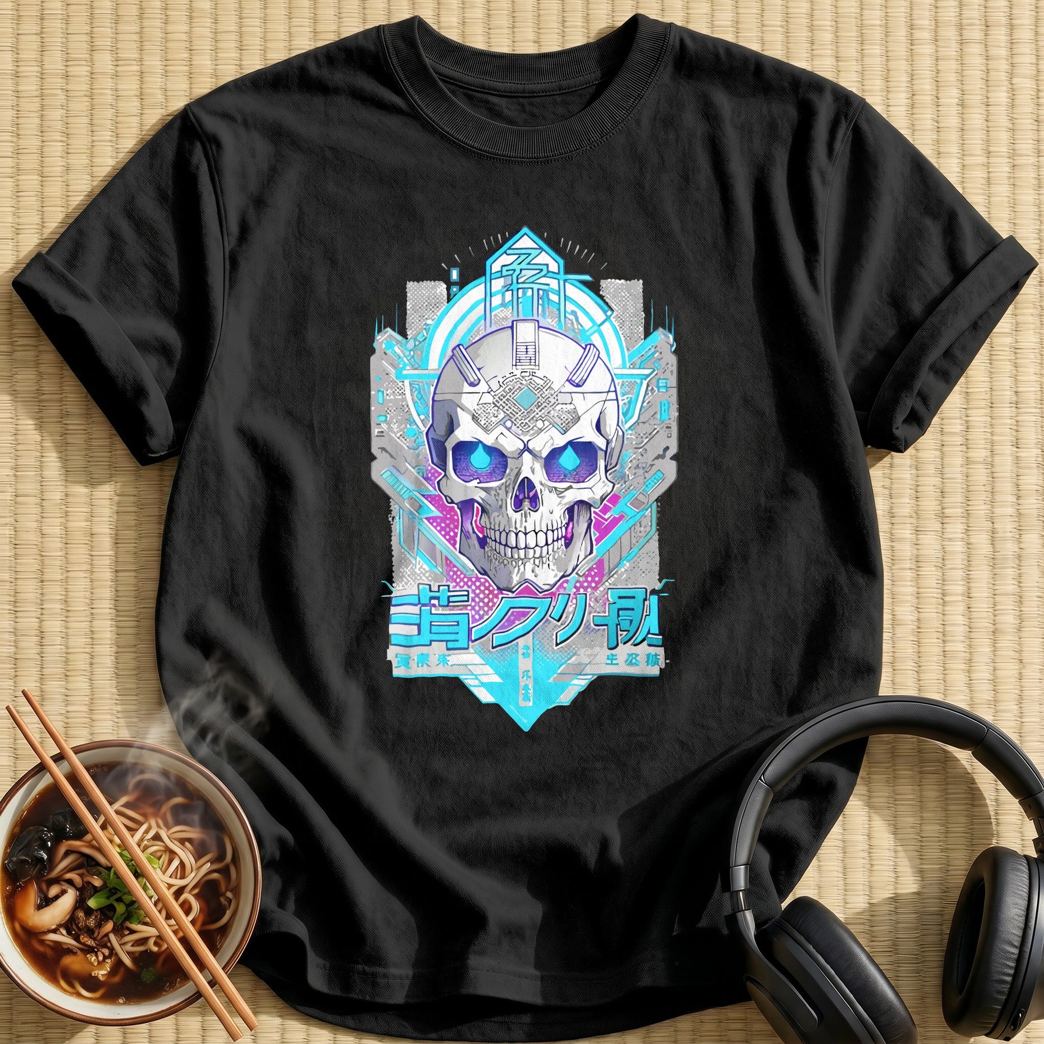 Cyberpunk Blue Cyborg Tech Skull - Black