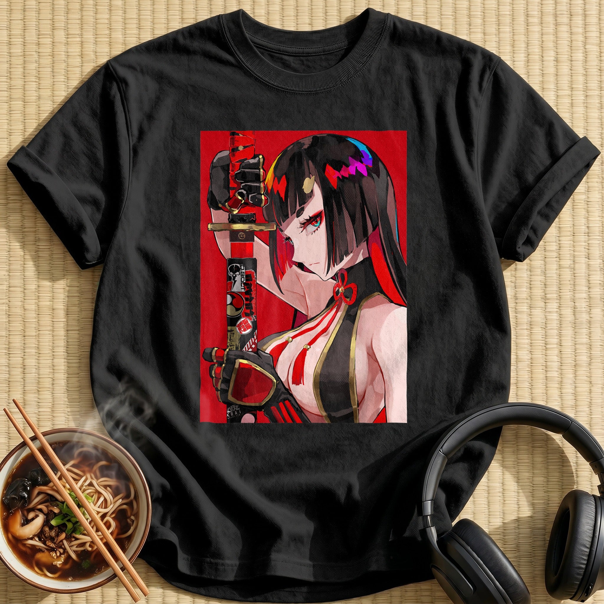 Fierce Katana Warrior Waifu Red Background - Black