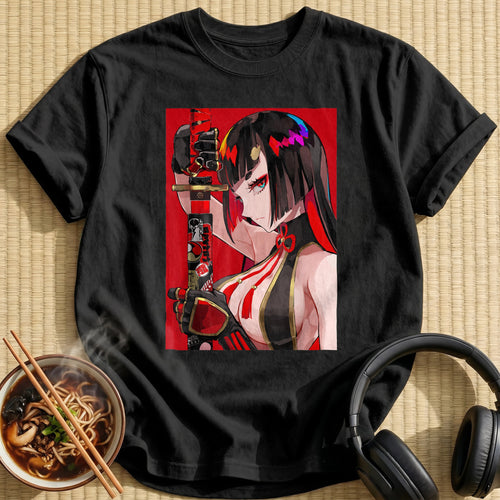 Fierce Katana Warrior Waifu Red Background - Black