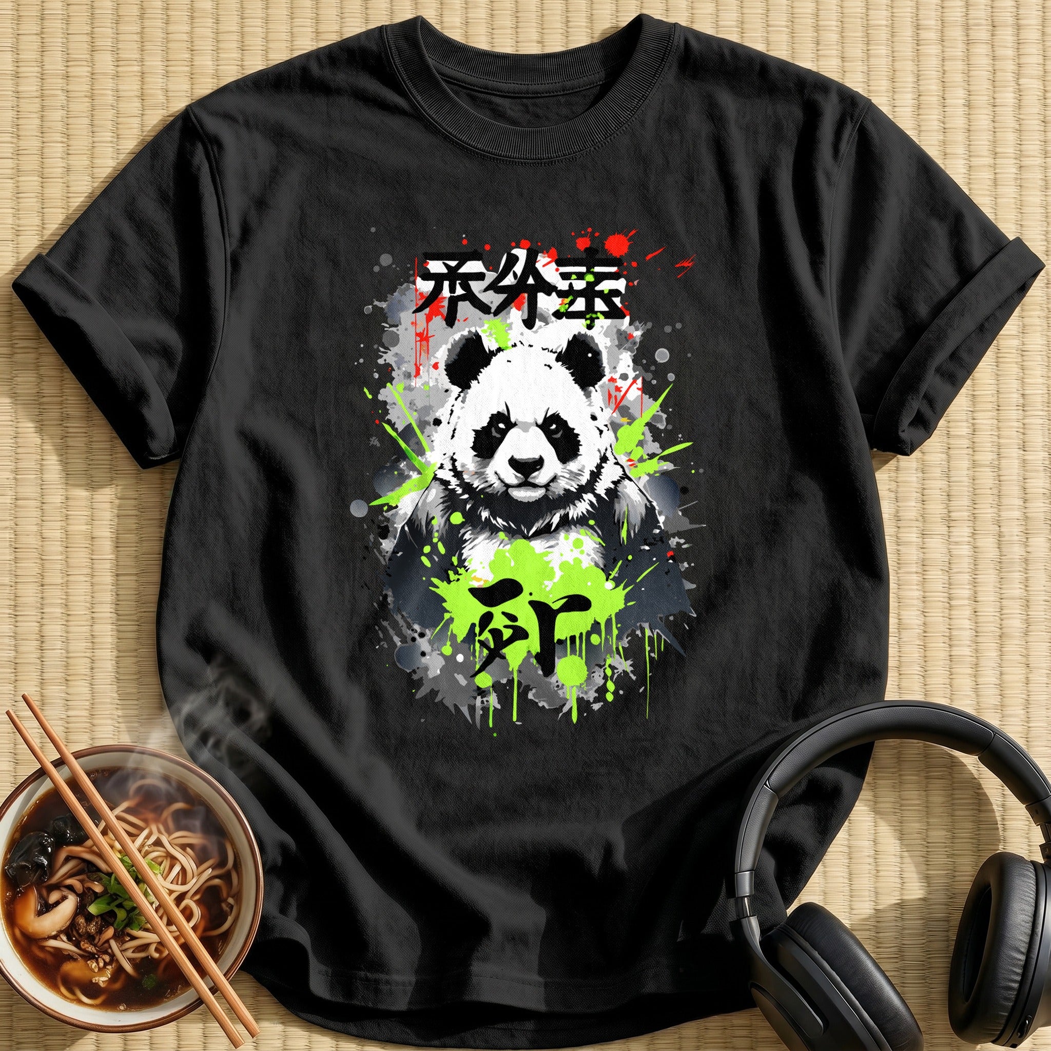 Fierce Panda Green Ink Splatter Art - Black