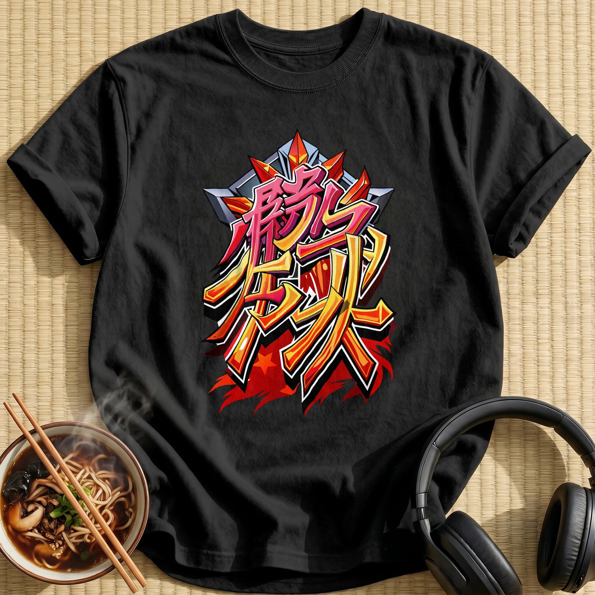Fiery Red Kanji Graffiti Lettering - Black