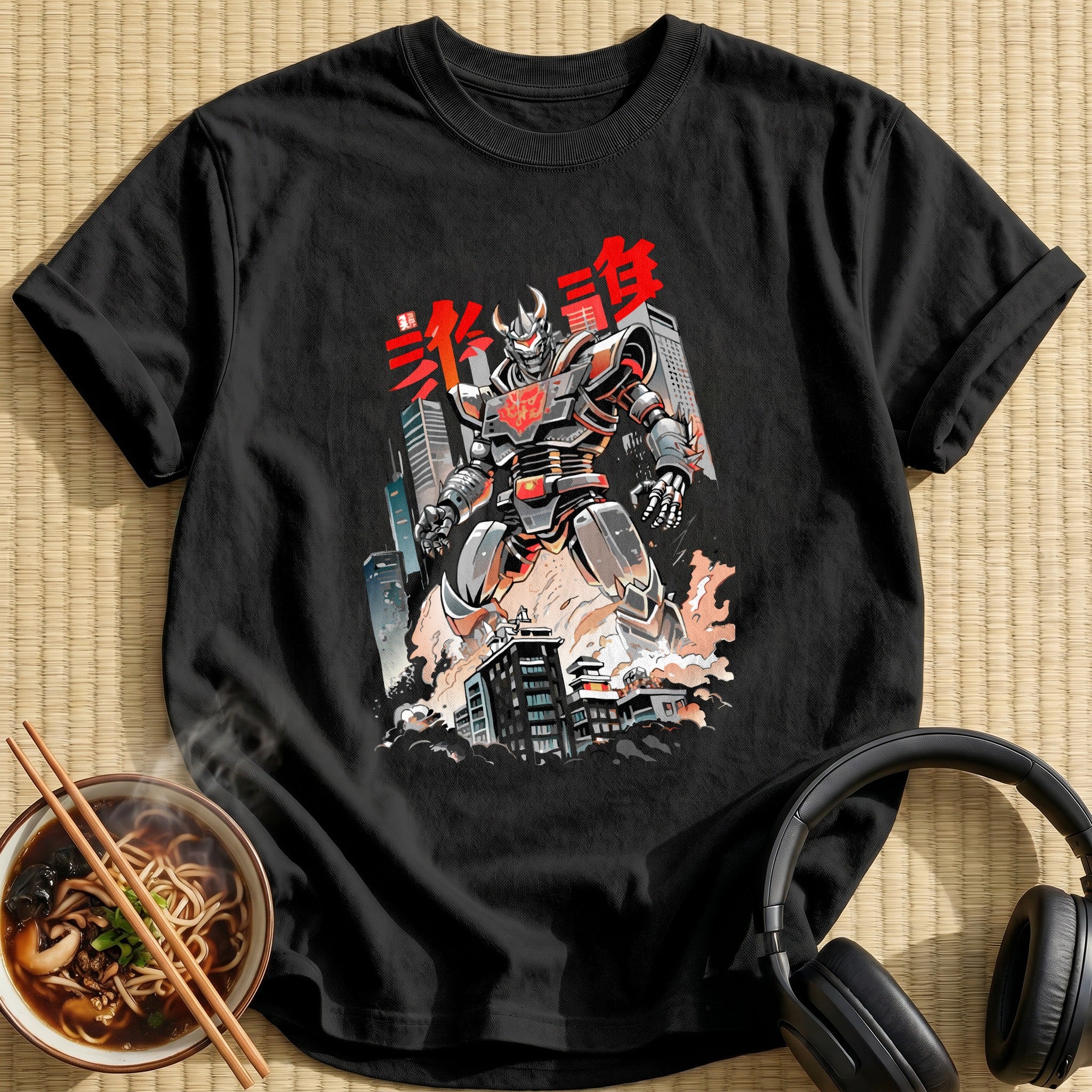 Giant Mecha Robot Destroying City Skyline - Black