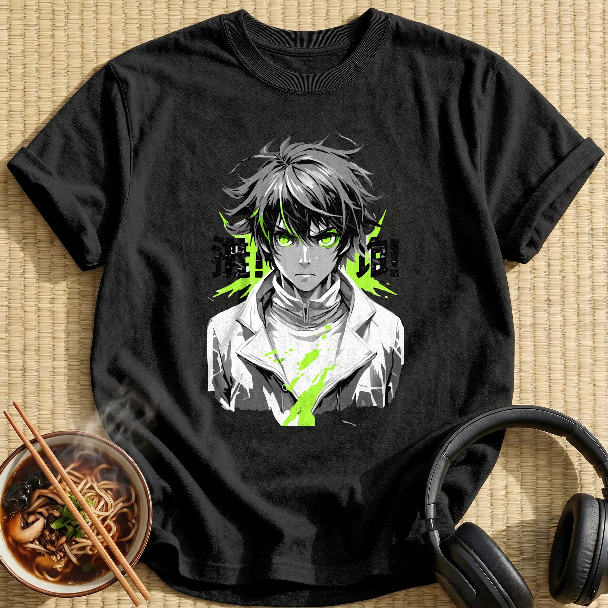 Green Eyed Anime Boy Monochrome Portrait - Black
