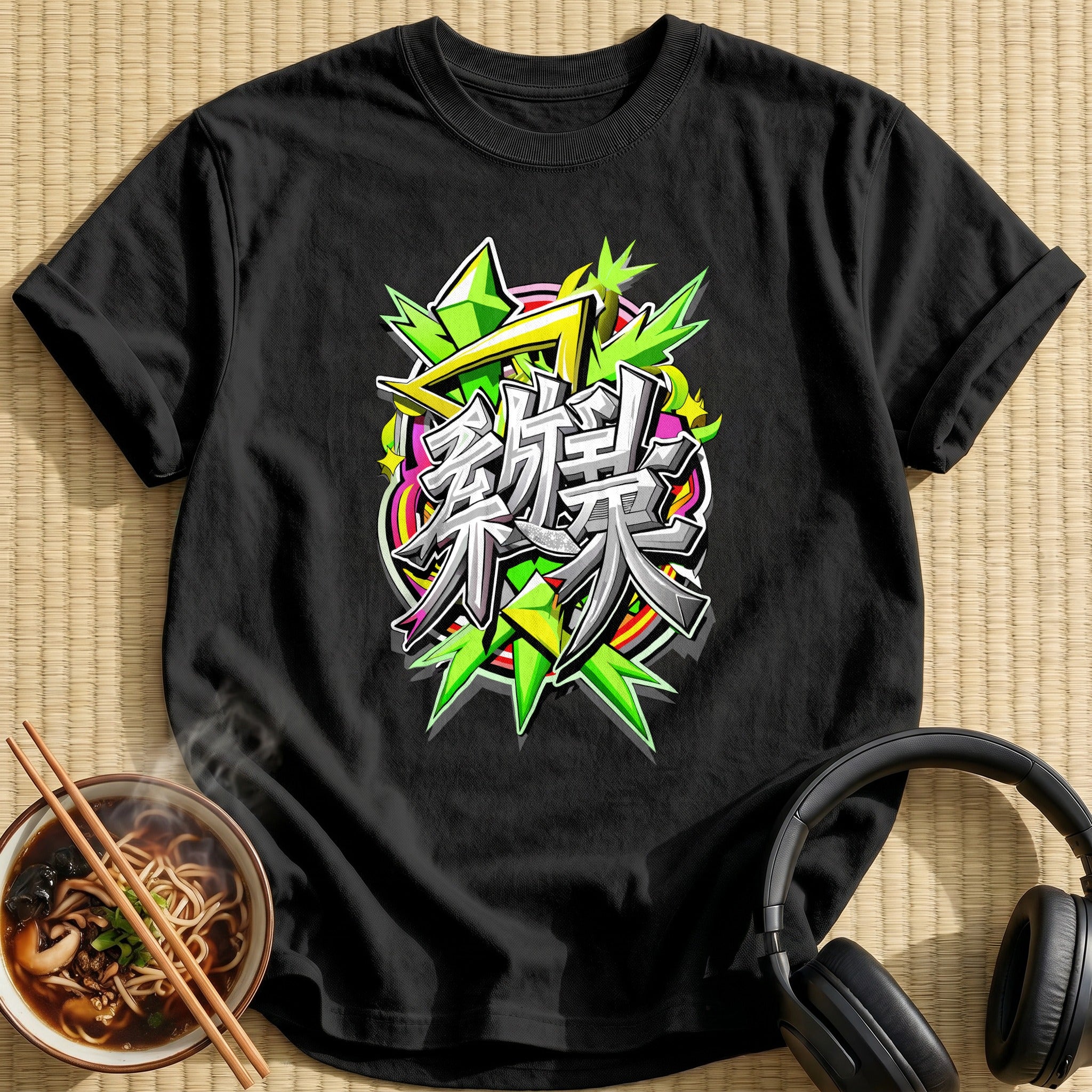 Green Graffiti Japanese Kanji Lettering Art - Black
