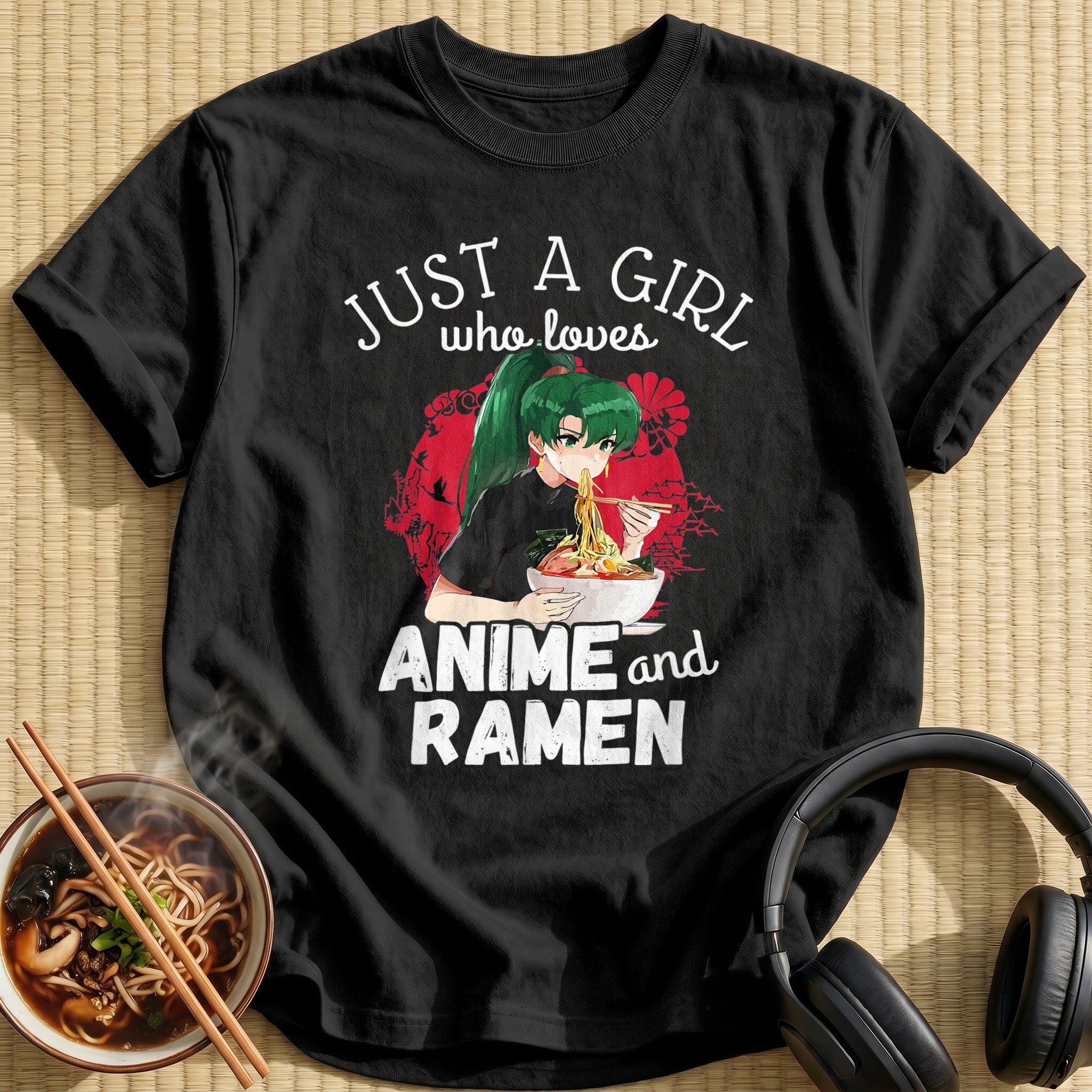 Green Ponytail Girl Eating Ramen - Black