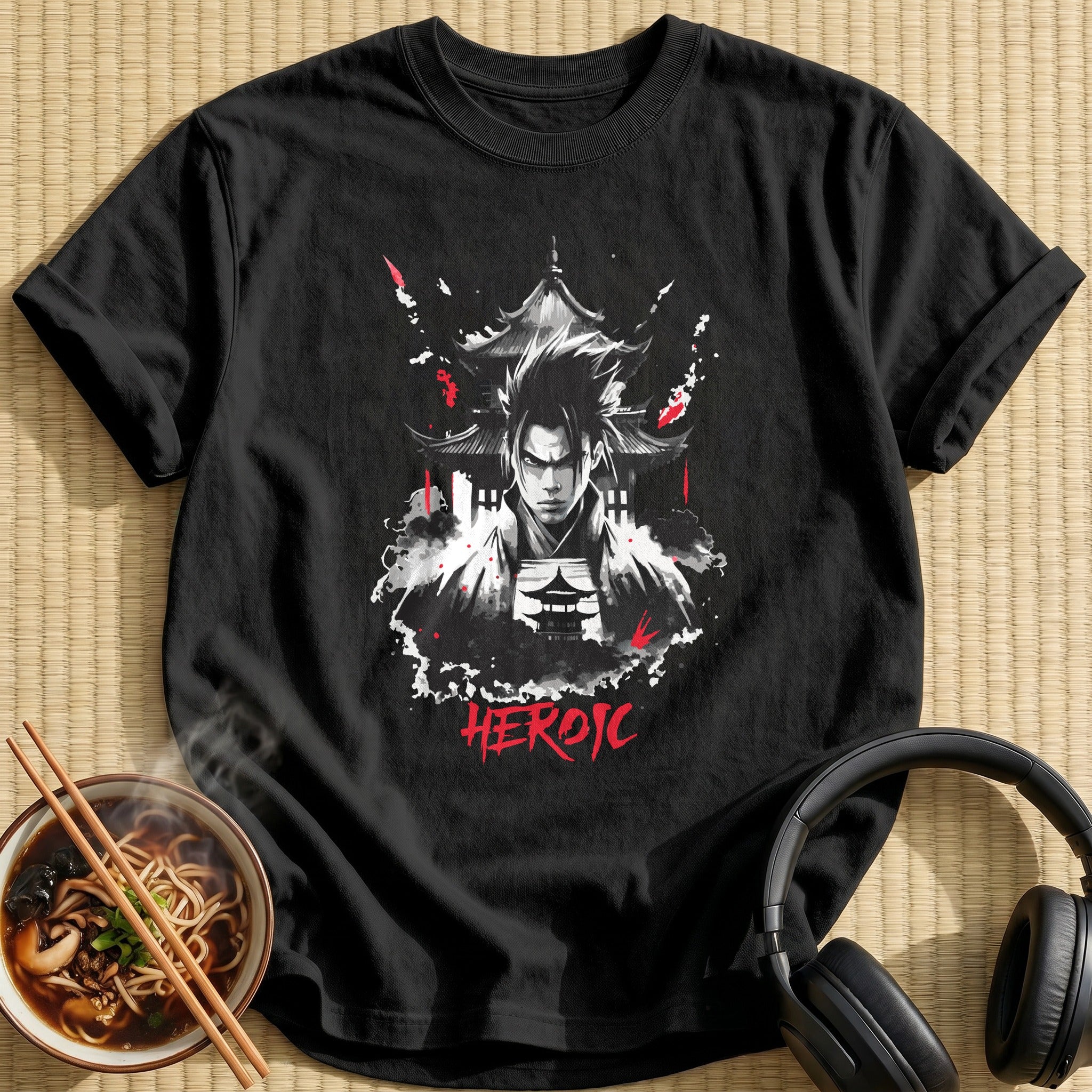 Heroic Samurai Warrior Pagoda Ink Portrait - Black