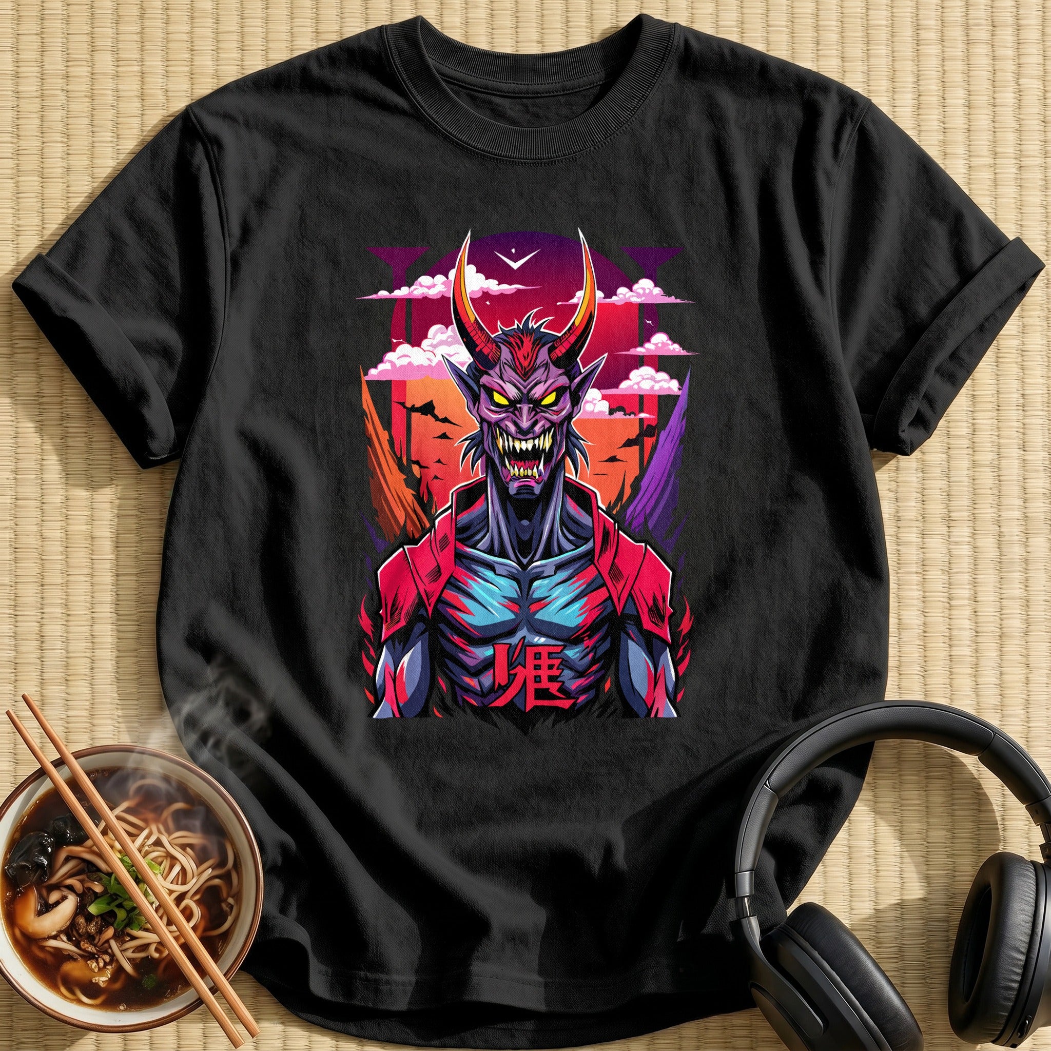 Horned Red Demon Sunset Portrait - Black