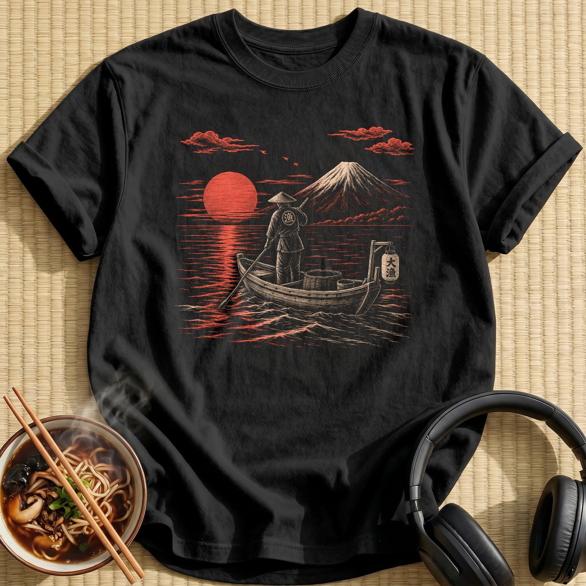 Japanese Fisherman Boat Red Sunset