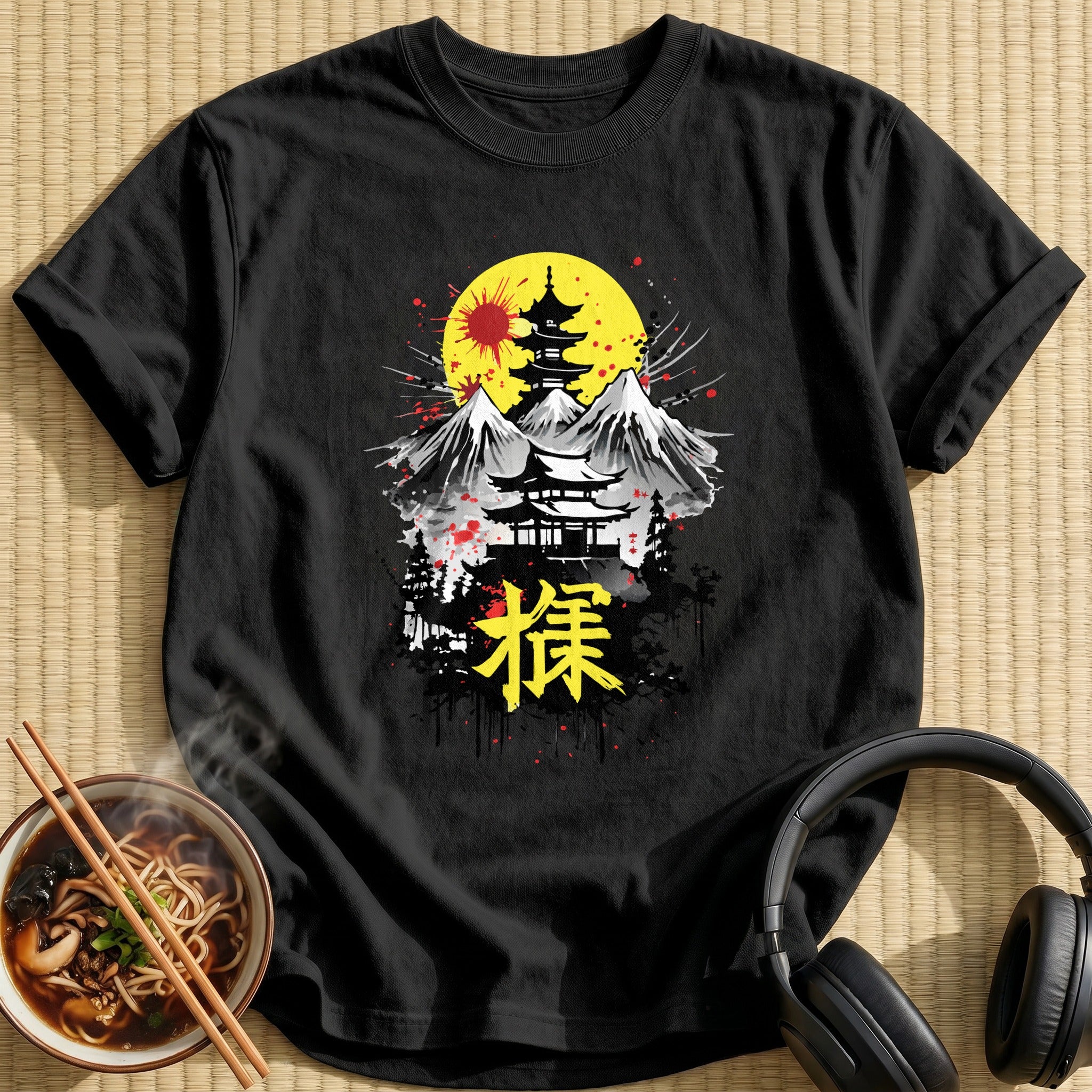 Japanese Pagoda Mountains Red Sun - Black