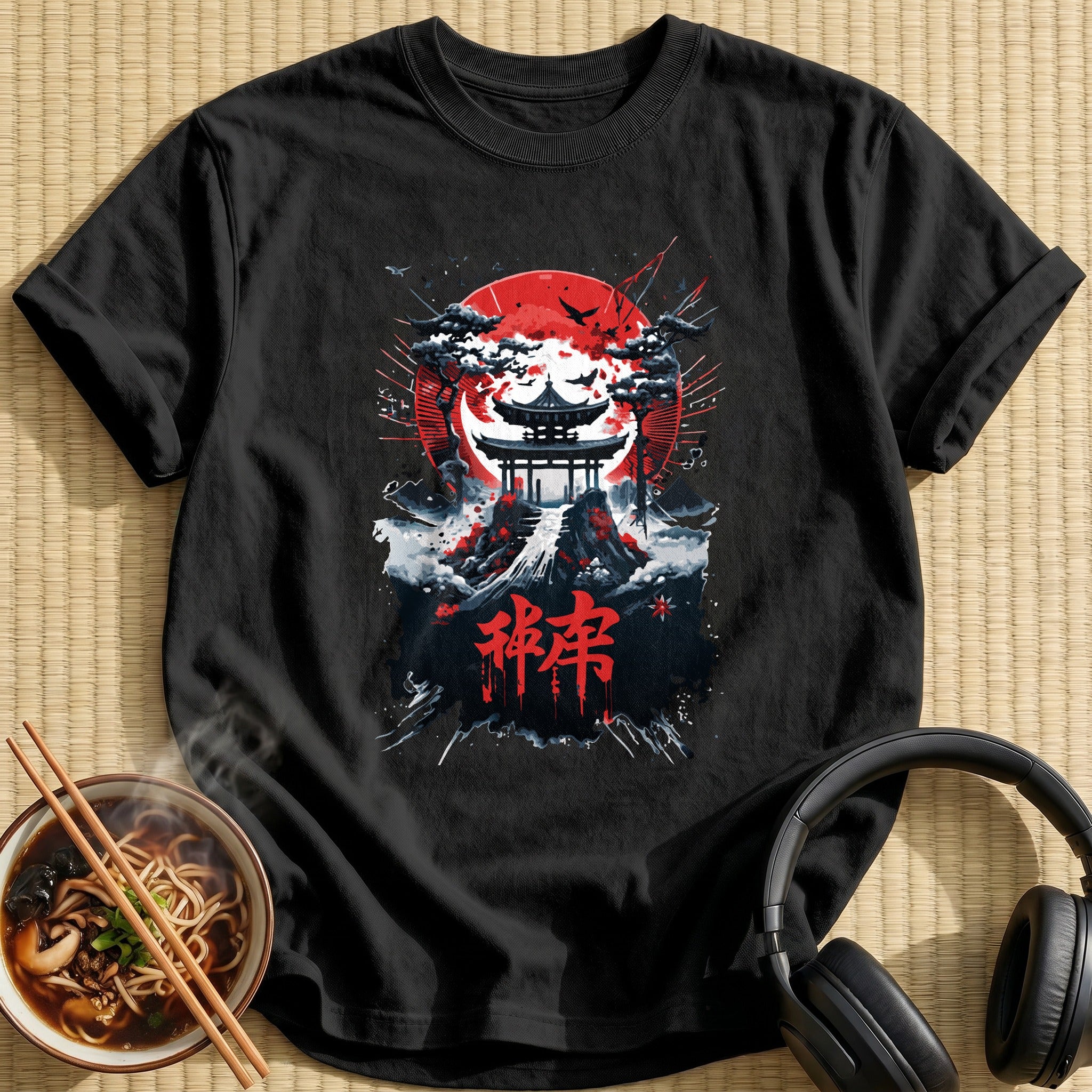 Japanese Temple Red Sun Landscape - Black