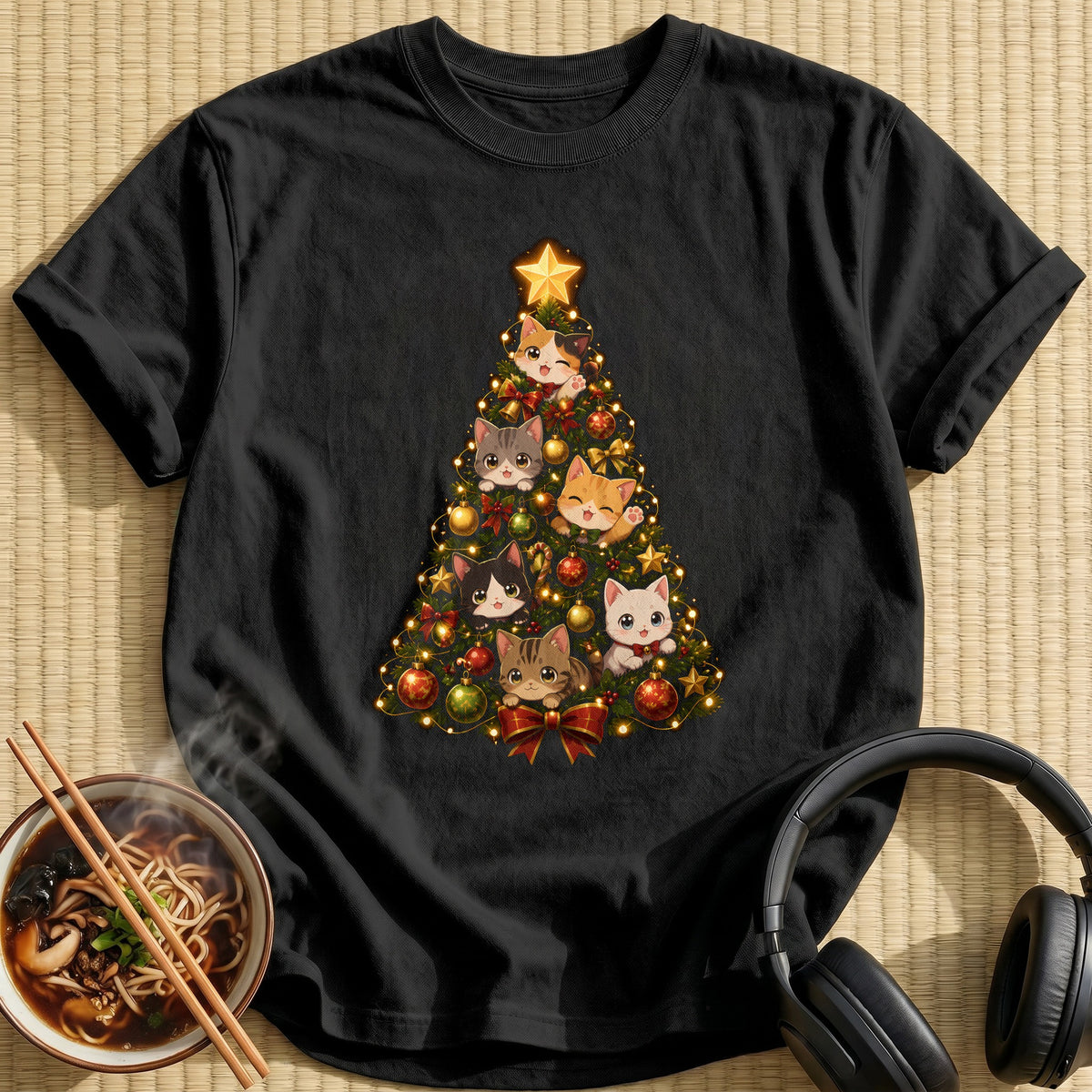 Kawaii Cat Lights Tree 86 - Black
