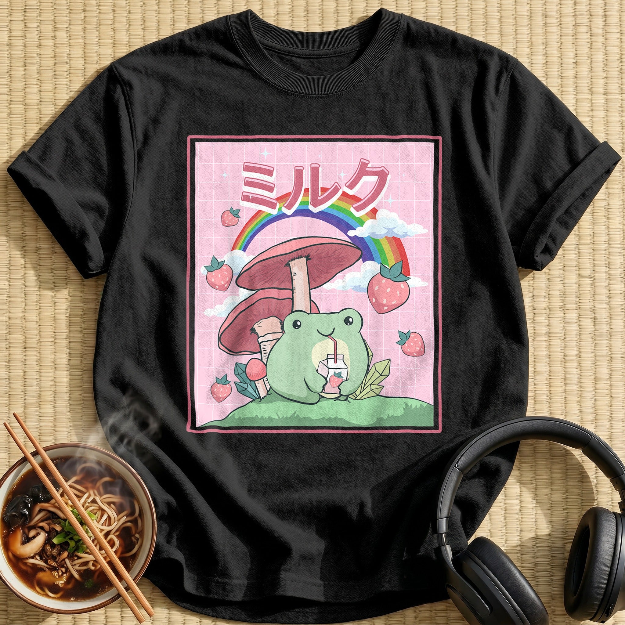 Kawaii Frog Mushroom Rainbow Strawberries - Black