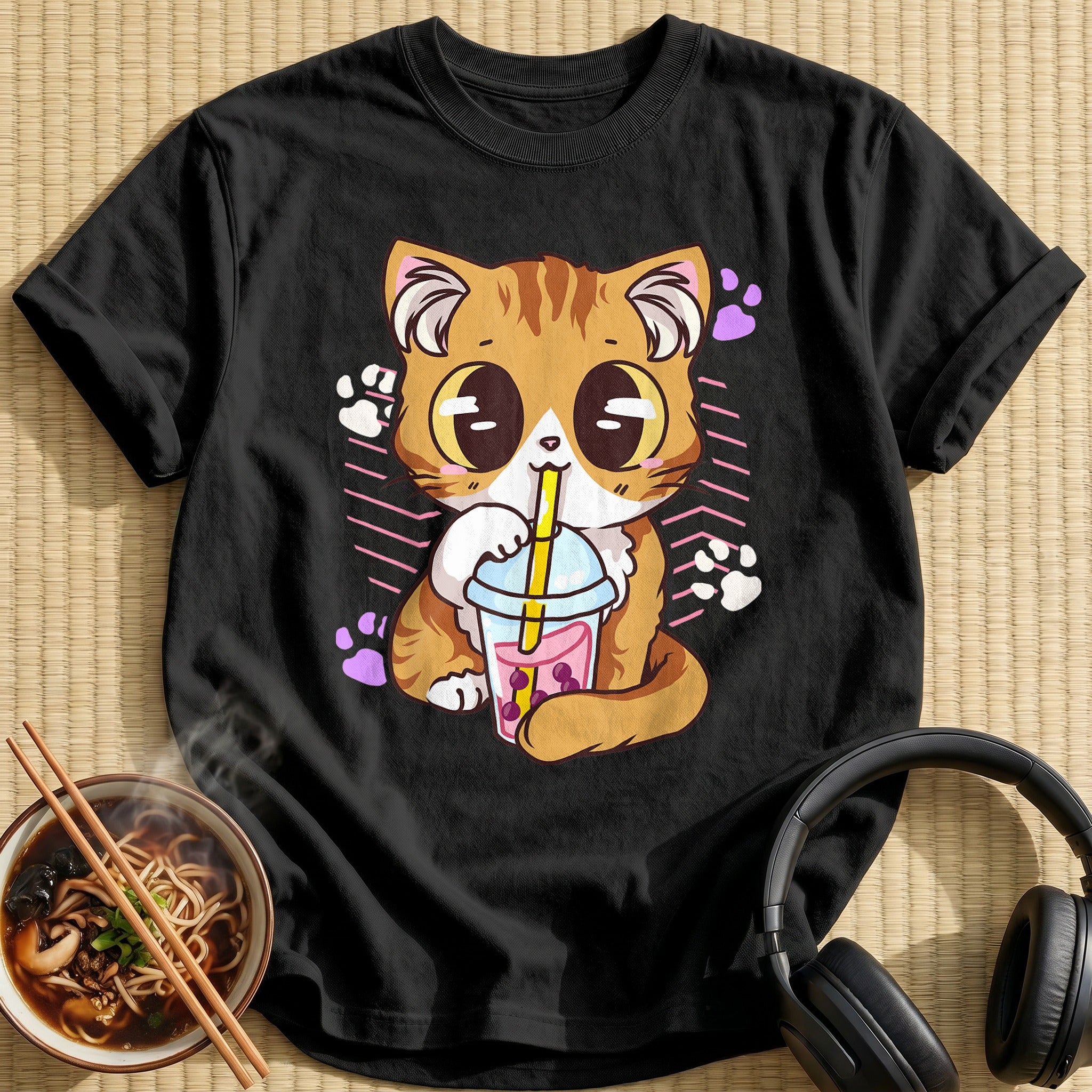 Kawaii Kitten Sipping Bubble Tea - Black