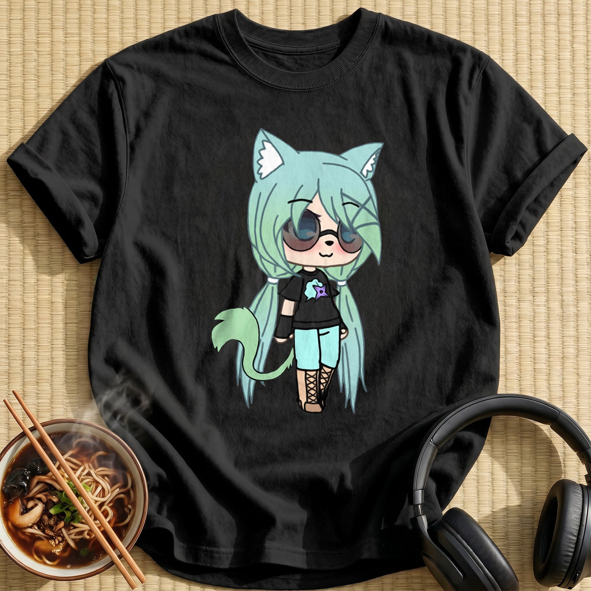 Mint Hair Chibi Tomboy Catgirl - Black