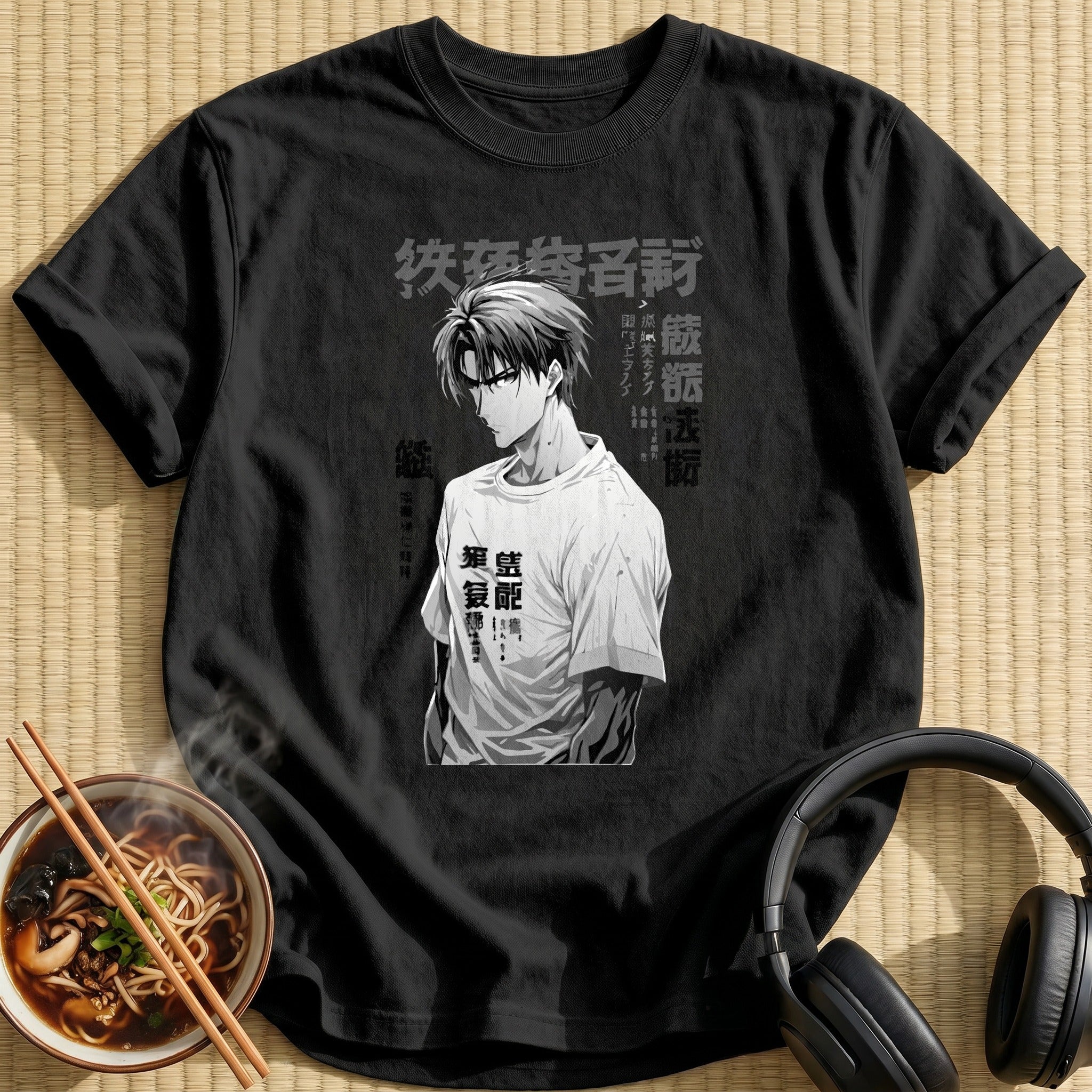 Monochrome Anime Man Casual Tee Portrait - Black