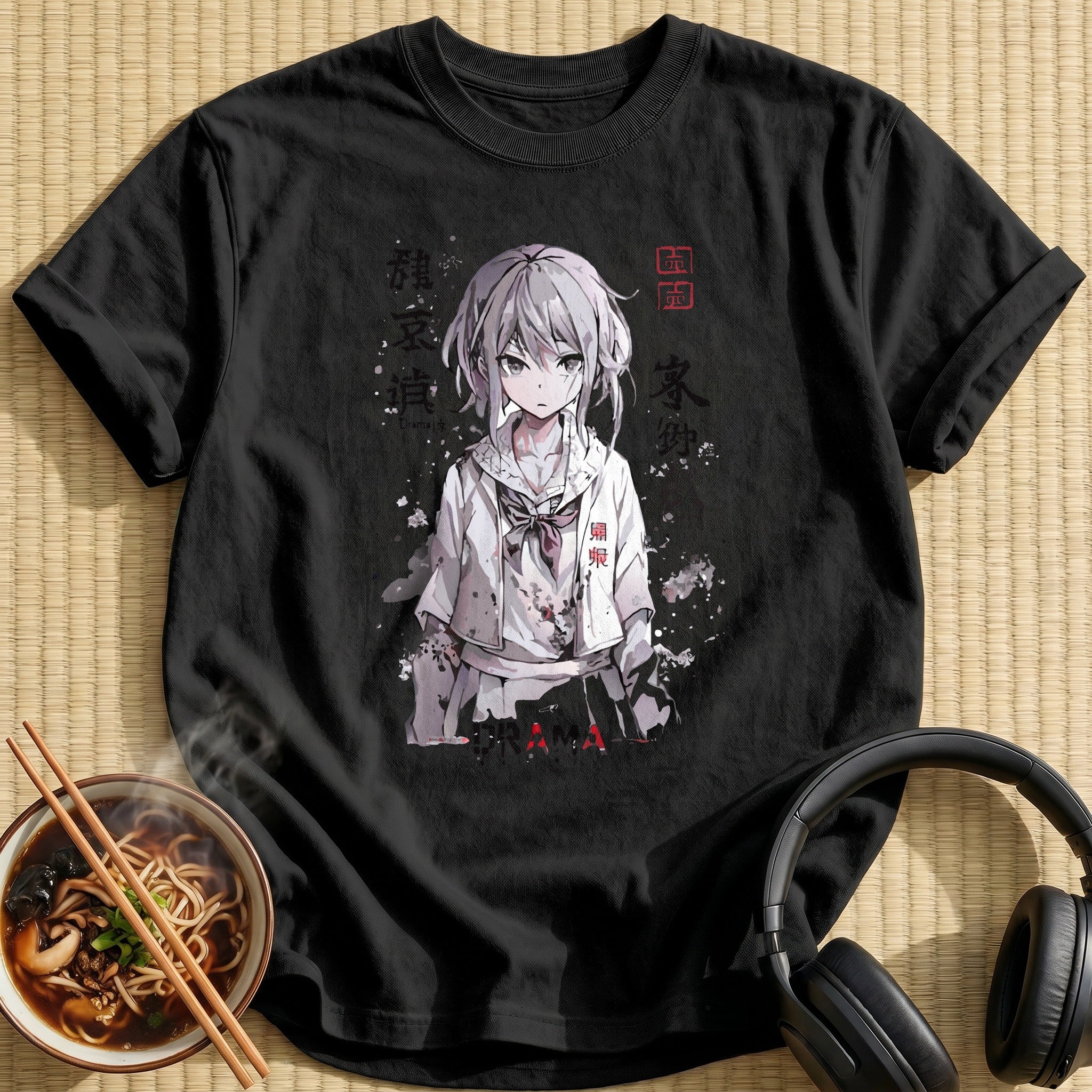 Moody Grey Anime Schoolgirl Portrait - Black