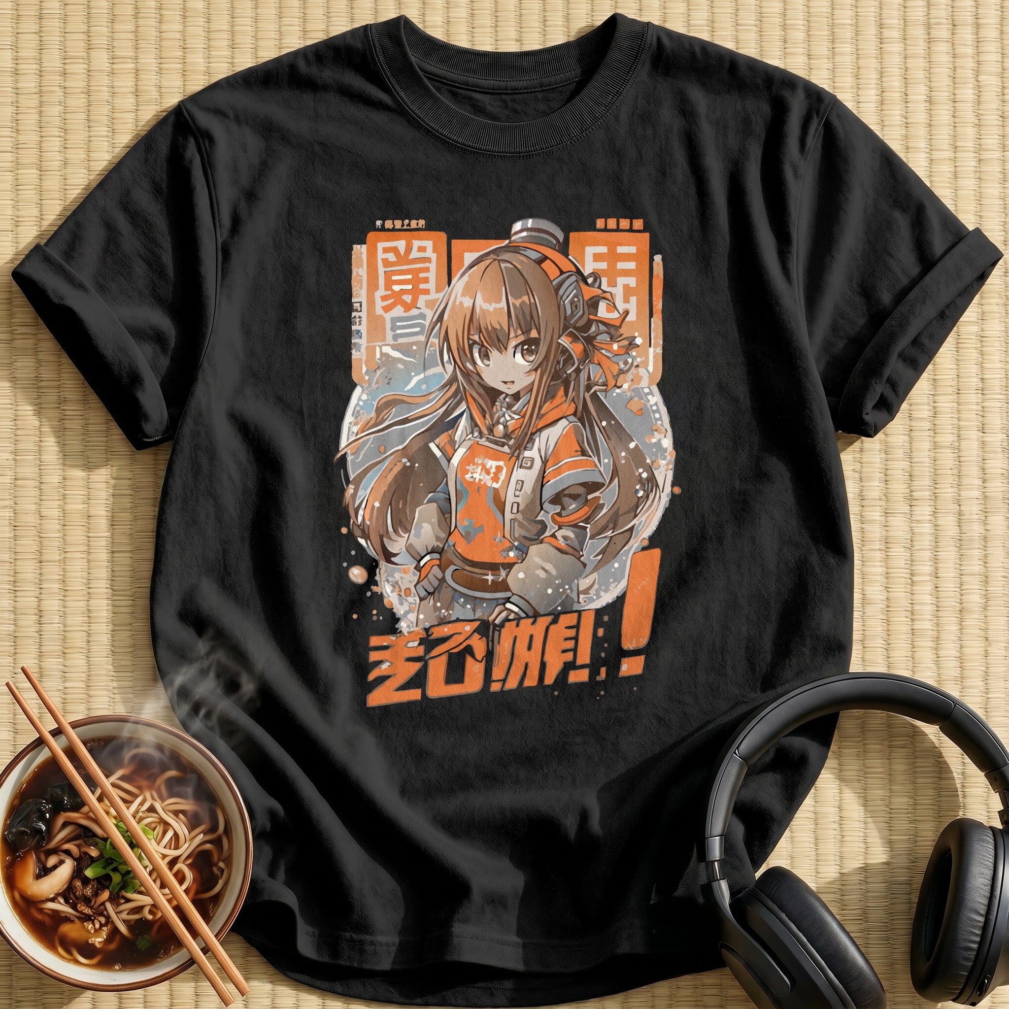 Orange Headphones Anime Gamer Girl - Black