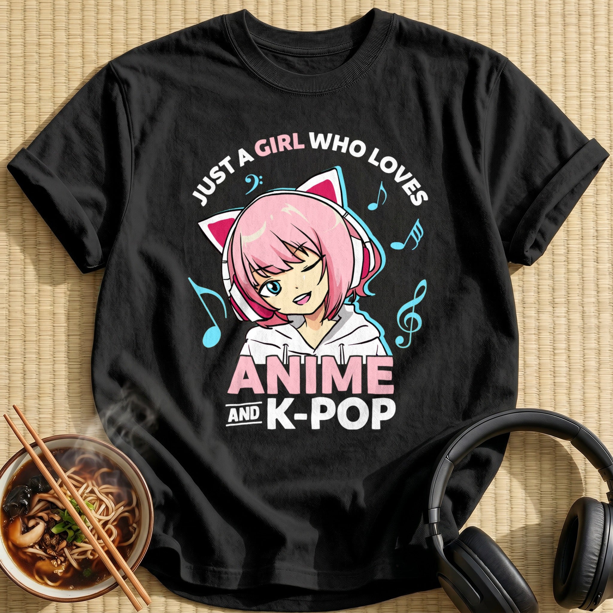 Pink Cat Headphones Music Girl - Black