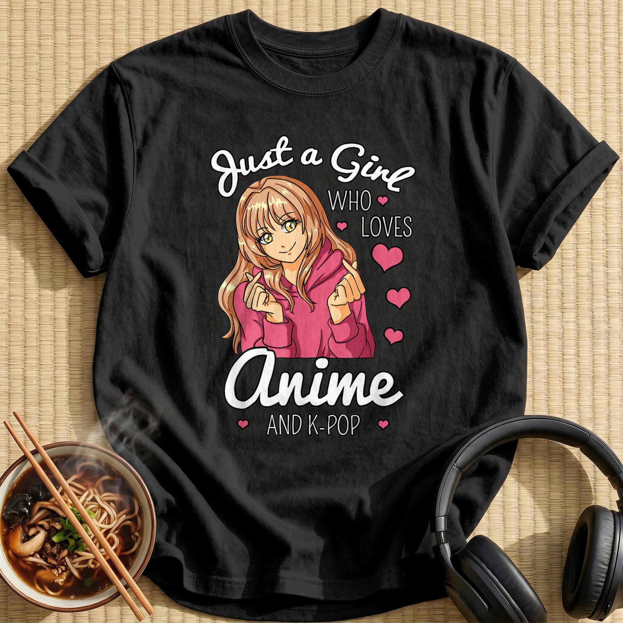 Pink Hoodie Girl Kpop Finger Hearts - Black