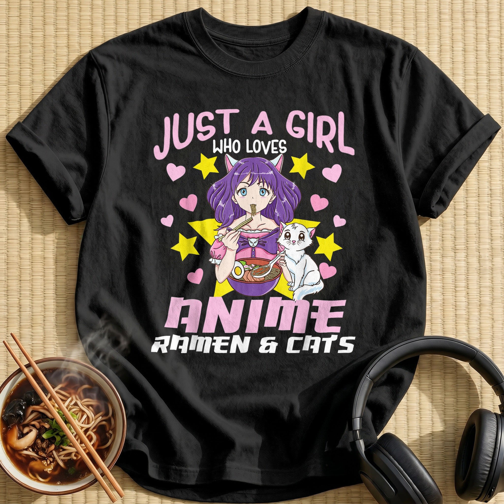 Purple Girl Eating Ramen White Cat - Black