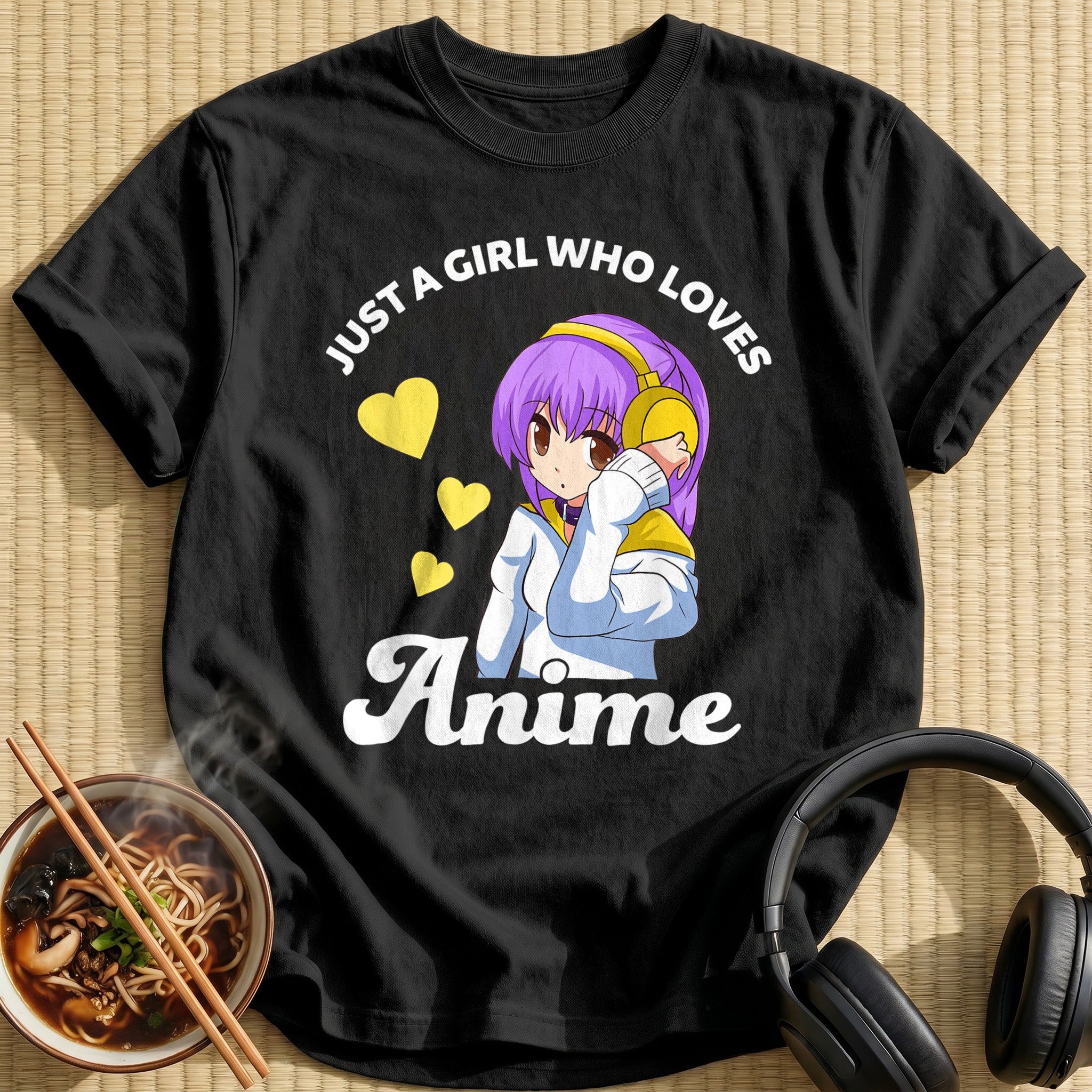 Purple Hair Girl Yellow Headphones Hearts - Black