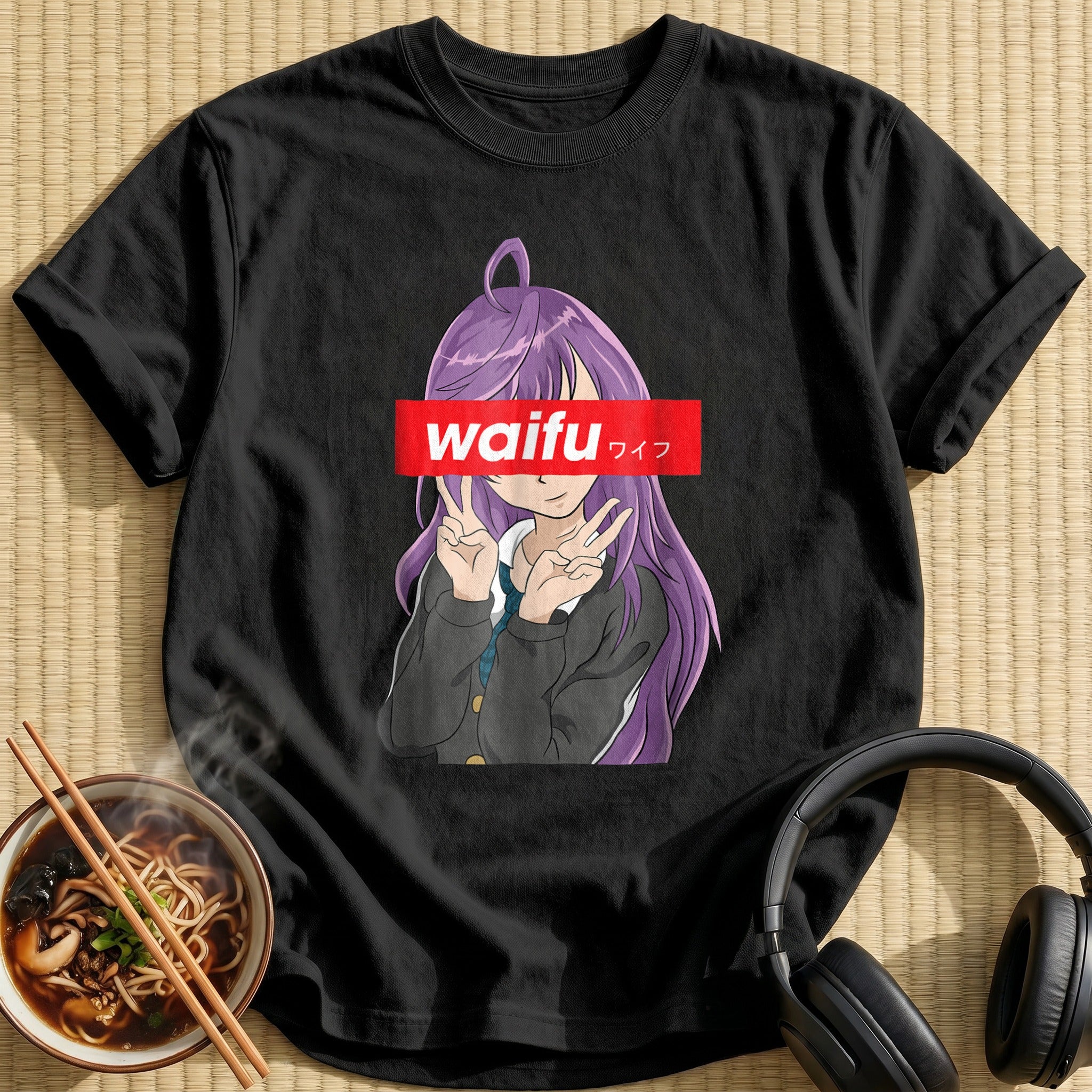 Purple Haired Waifu Peace Sign Girl - Black