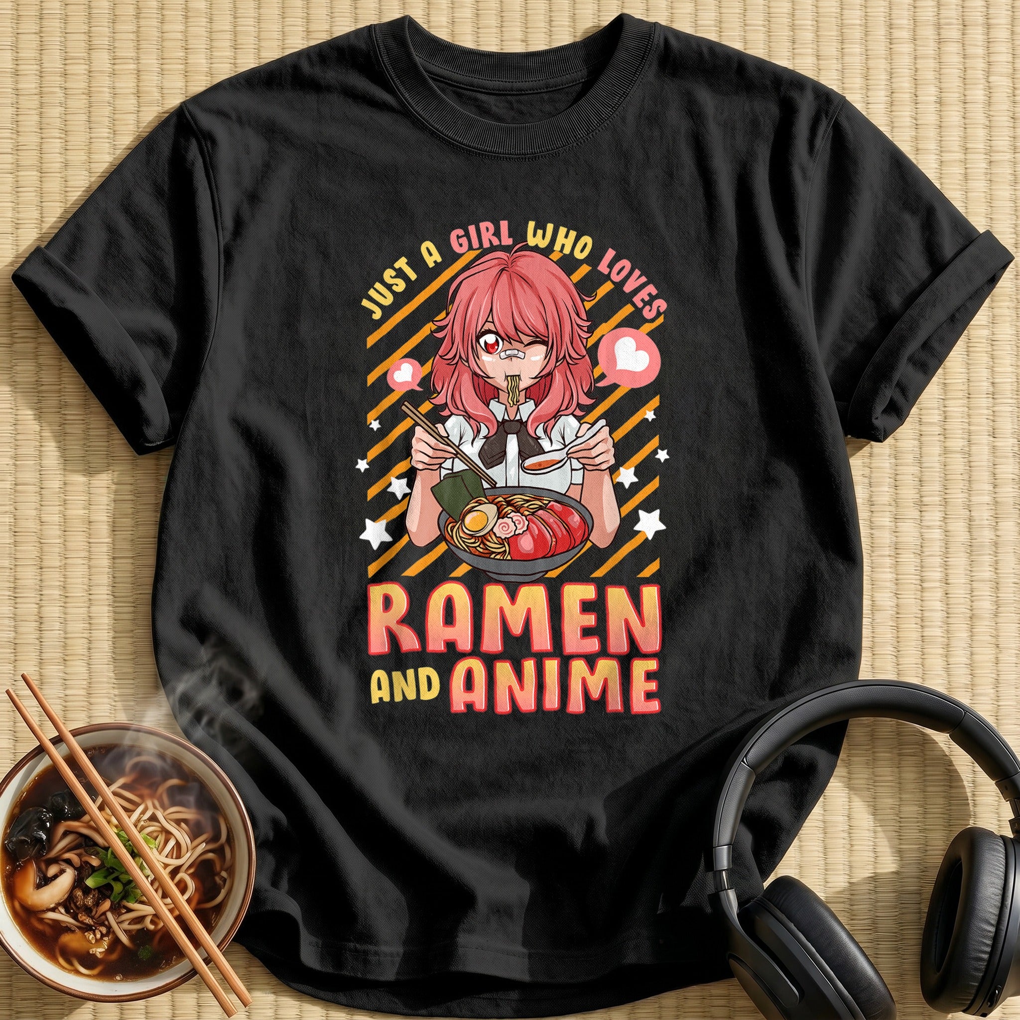 Red Haired Girl Eating Ramen Noodles - Black