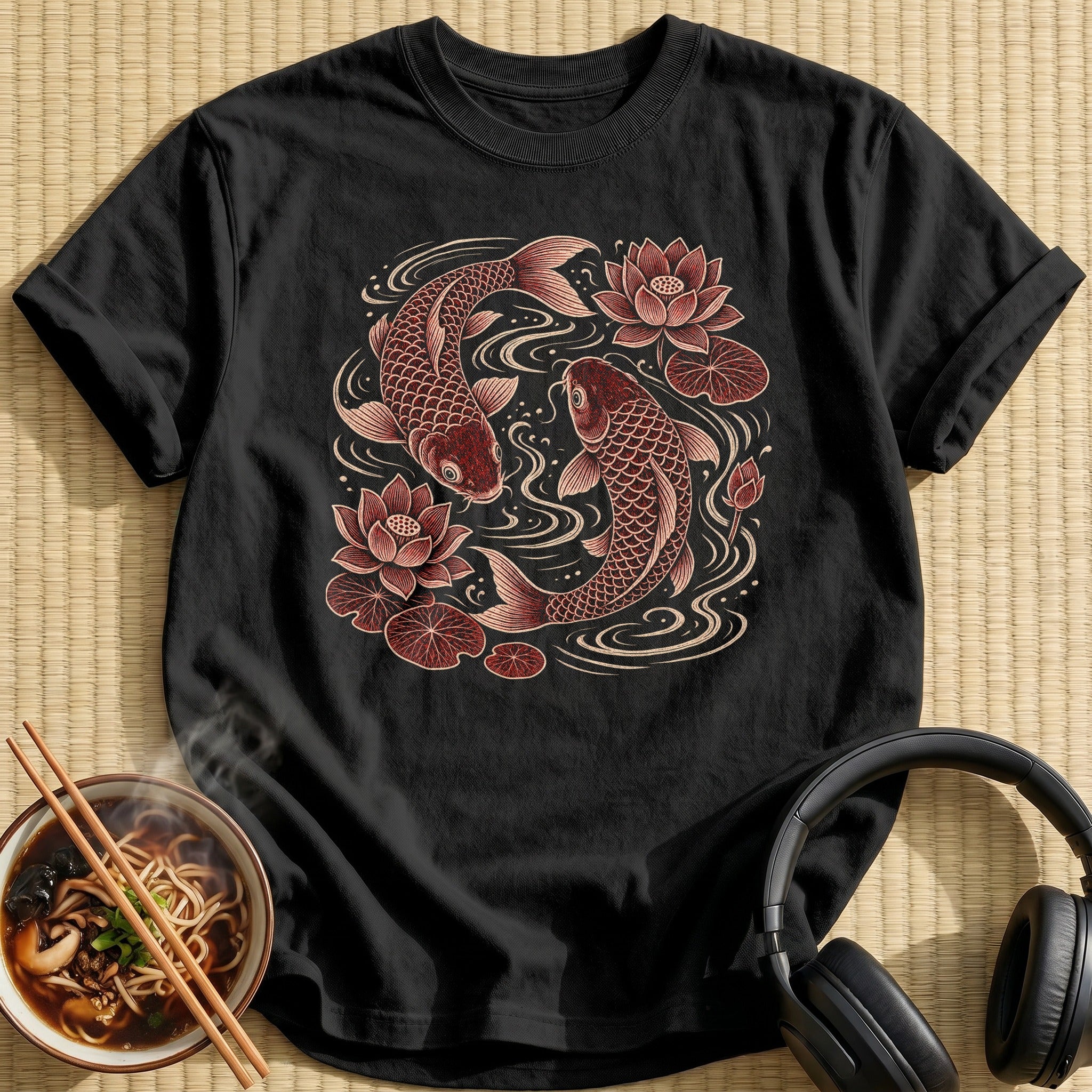 Red Koi Fish Lotus Flowers