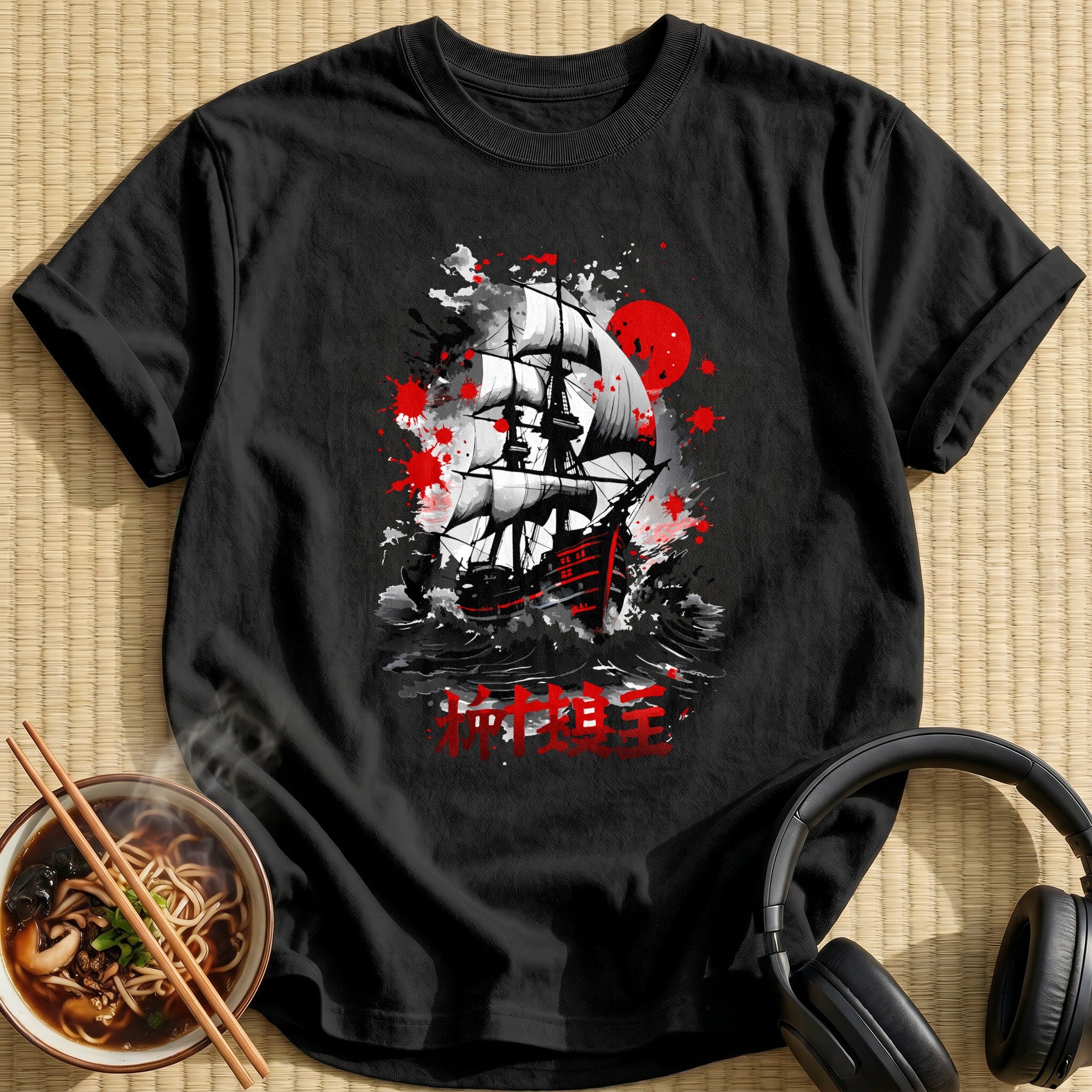 Red Sun Pirate Ship Inksplatter - Black