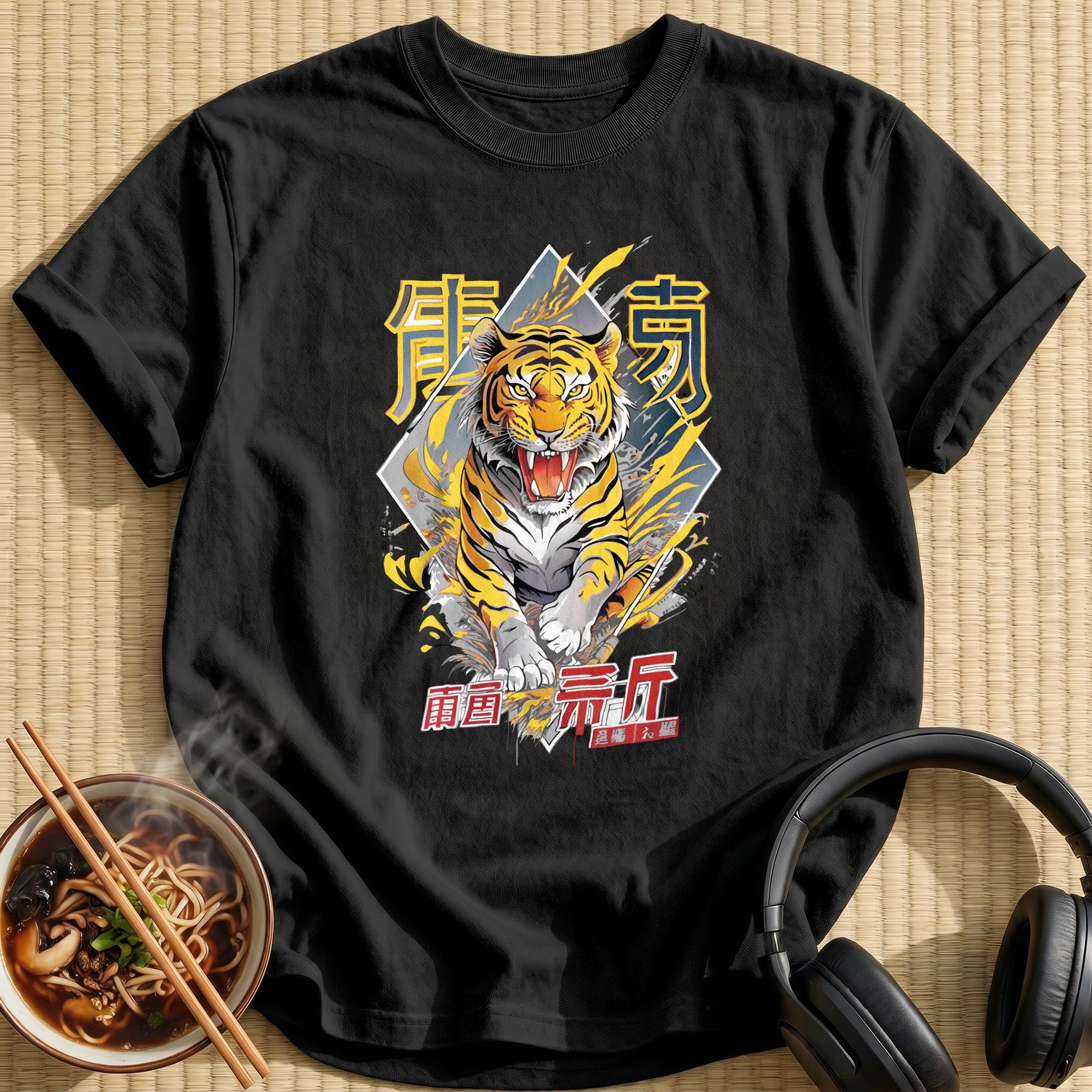 Roaring Yellow Tiger Lightning Kanji - Black