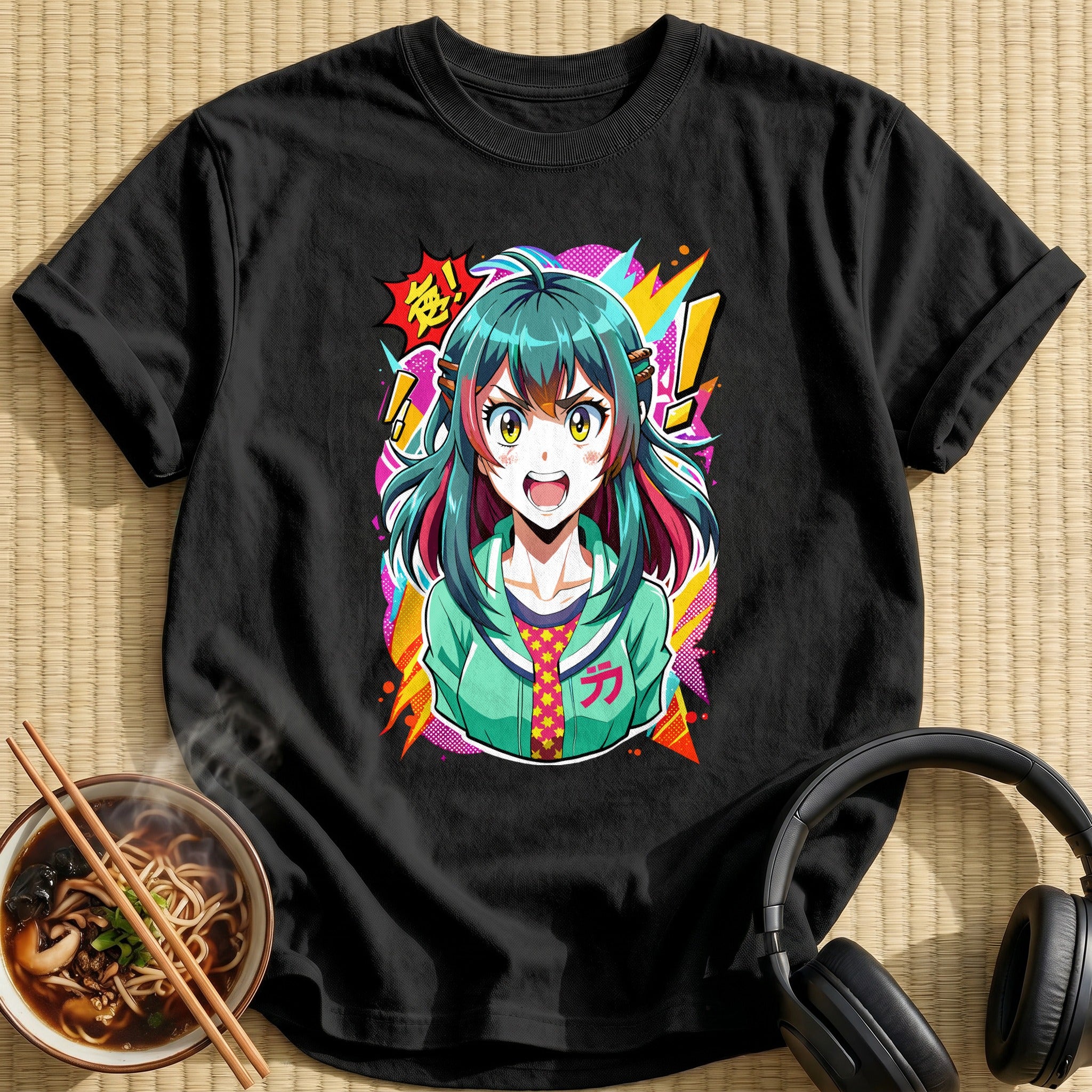 Shouting Teal Haired Anime Girl - Black