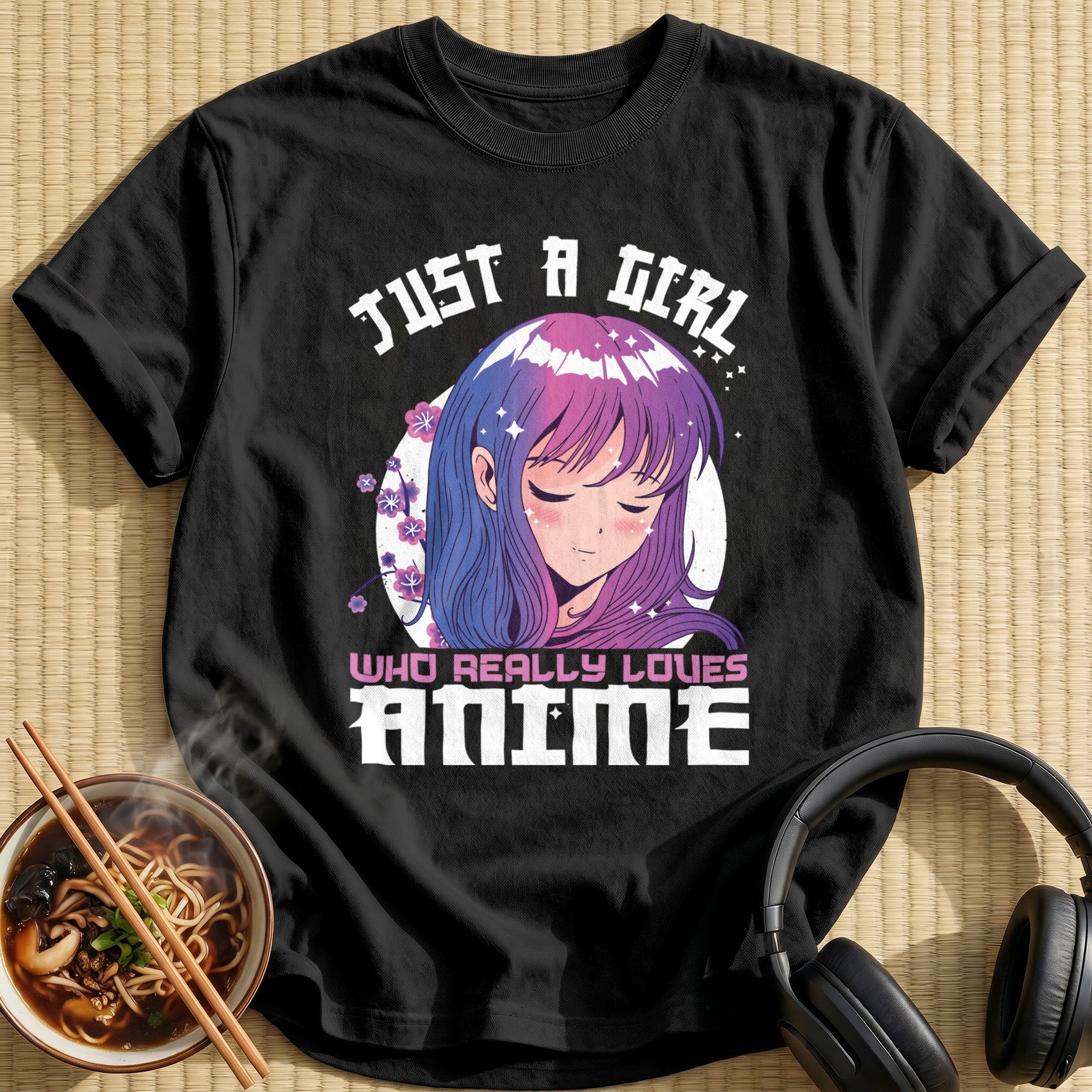Sleepy Purple Haired Anime Girl Blossoms - Black